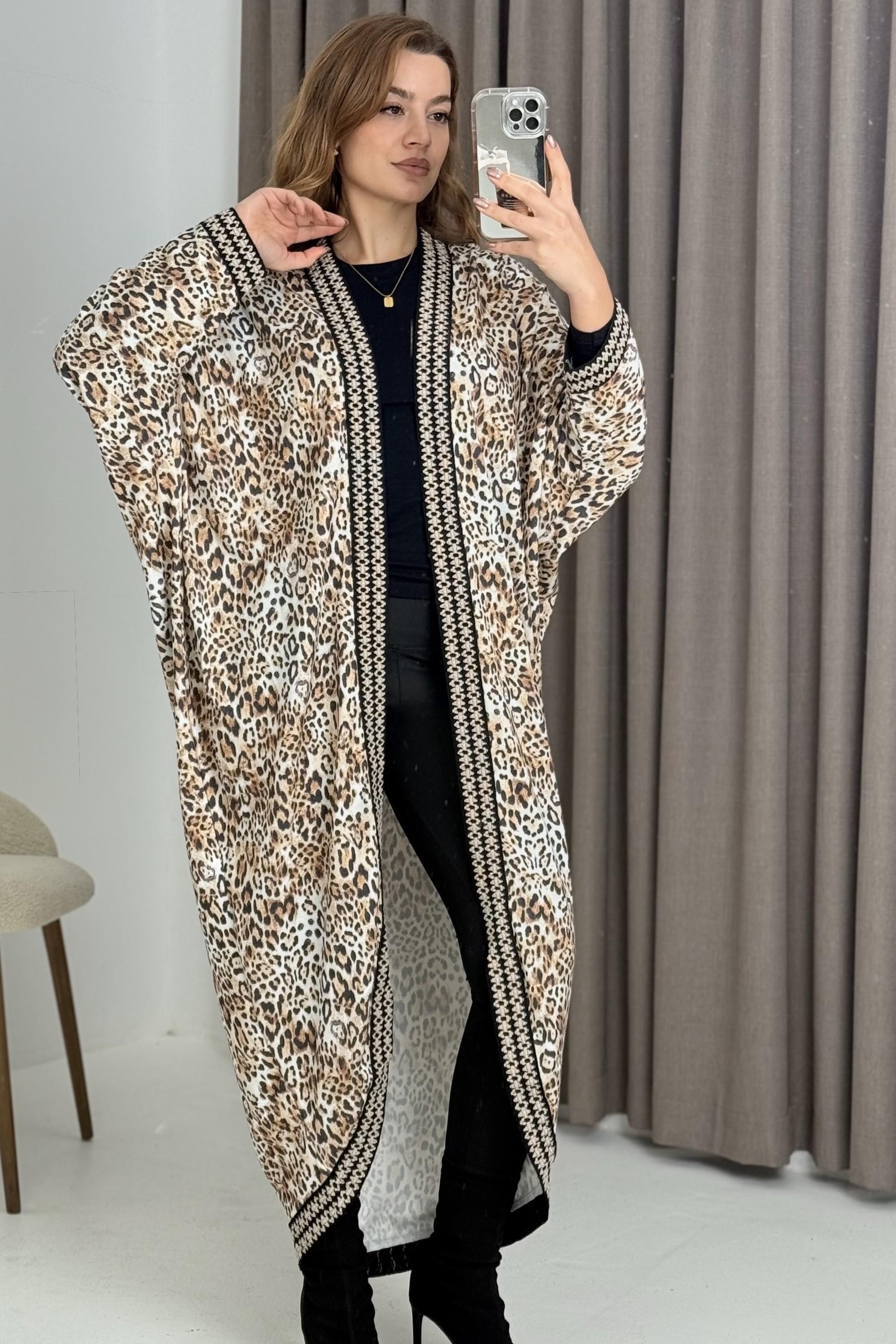 Oversizee Şerit Detaylı Kimono Hırka Leopar