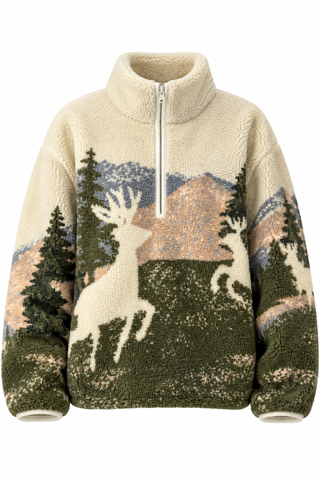 Kadın Desenli Dik Yaka Yarım Fermuarlı Polar Swearshirt Yeşil