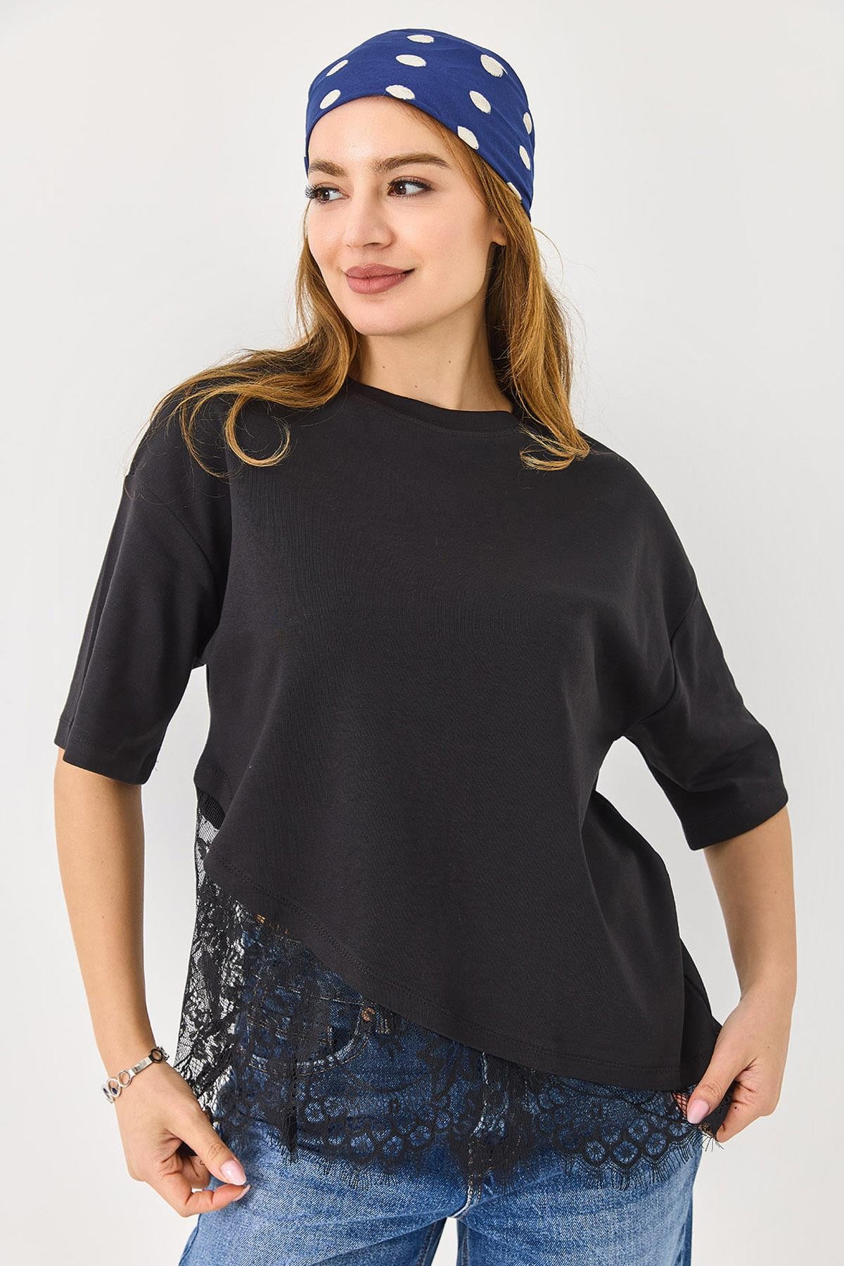 Bisiklet Yaka Dantel Detaylı Şık Tshirt Siyah