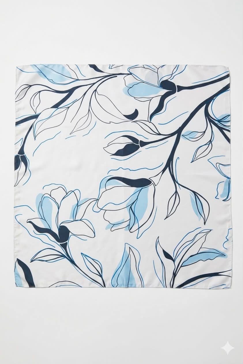 Manolya Desenli 60X65 Ölçülü Saten Fular Beyaz 