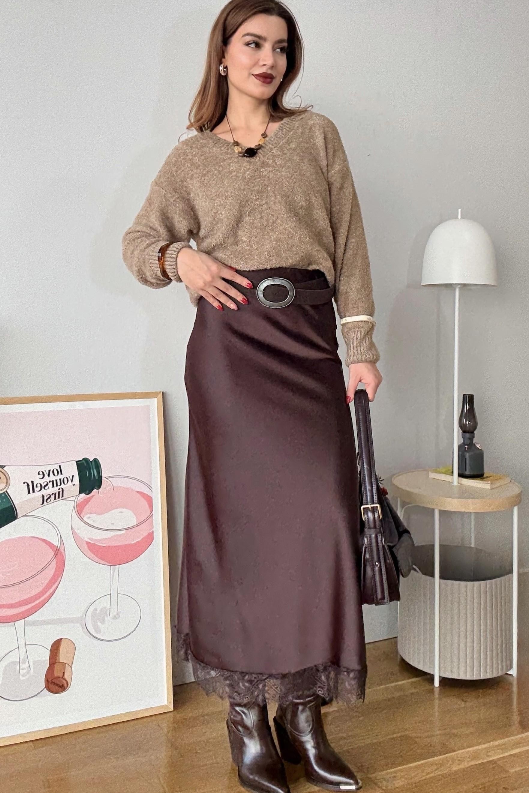 Kadın Kahverengi Beli Lastikli Kadın Güpürlü Saten Etek 