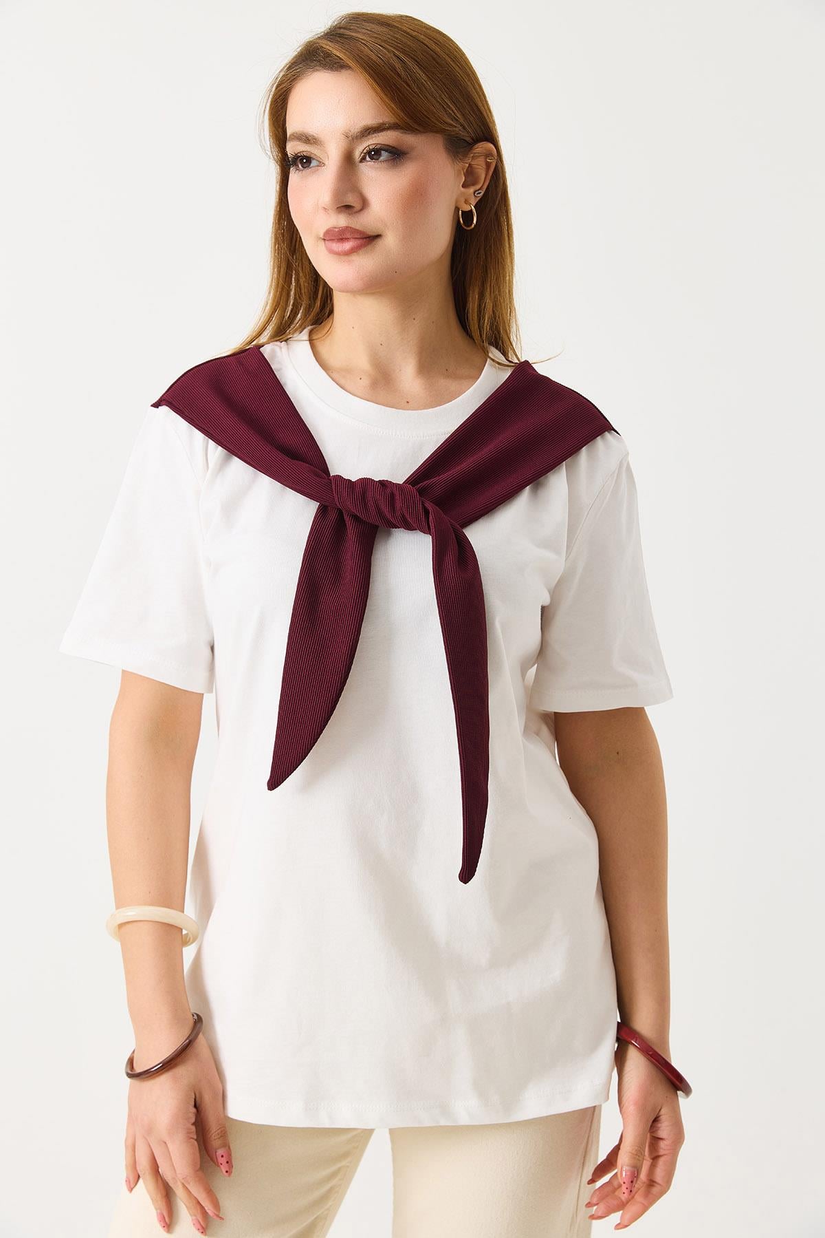 İki Renkli Bordo  Kaşkorse Şal Bağlamalı Tshirt Beyaz