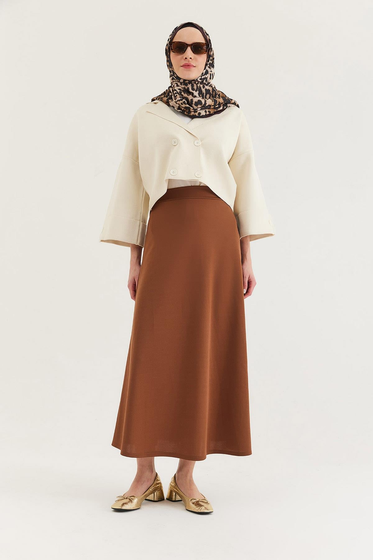 Beli Lastikli Kadın Kloş Etek Taba