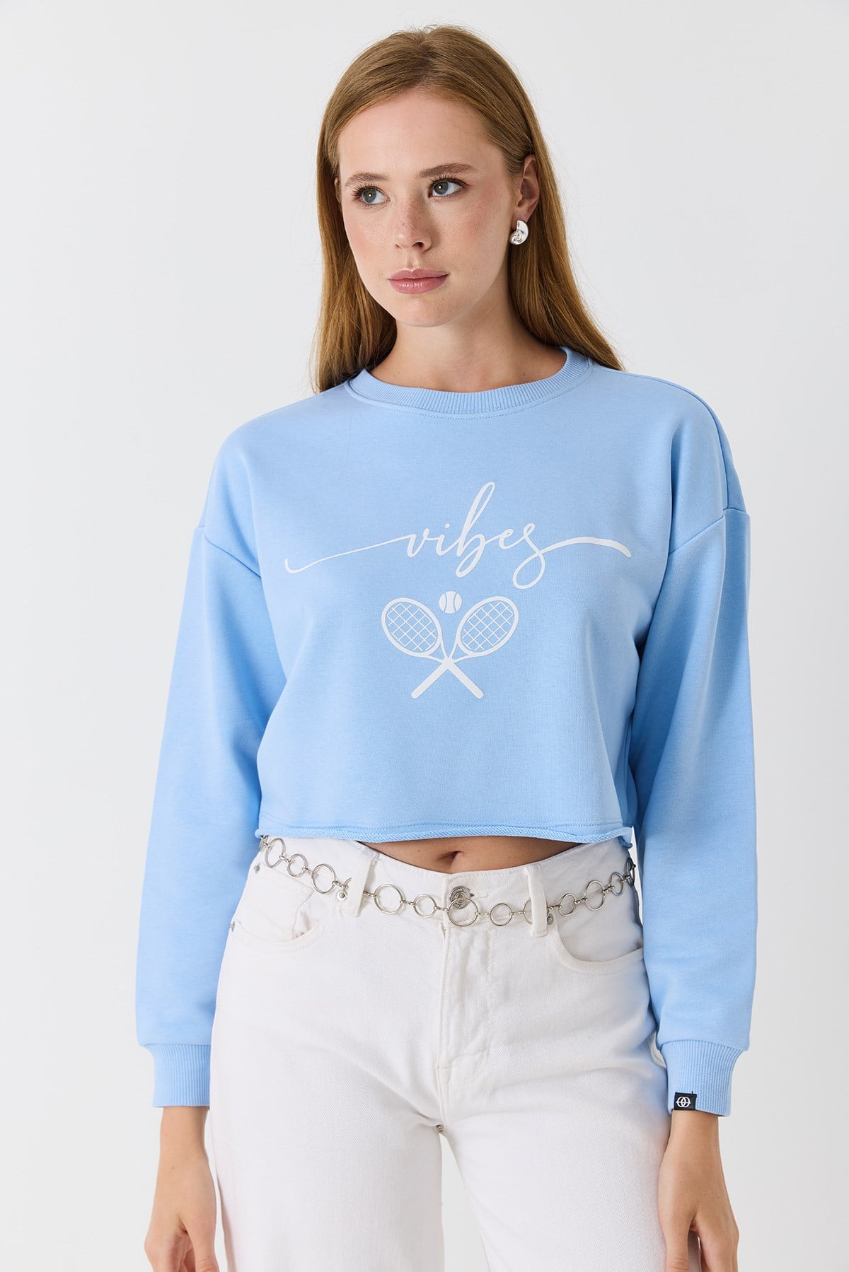 Kadın İki iplik Crop Sweatshirt Mavi