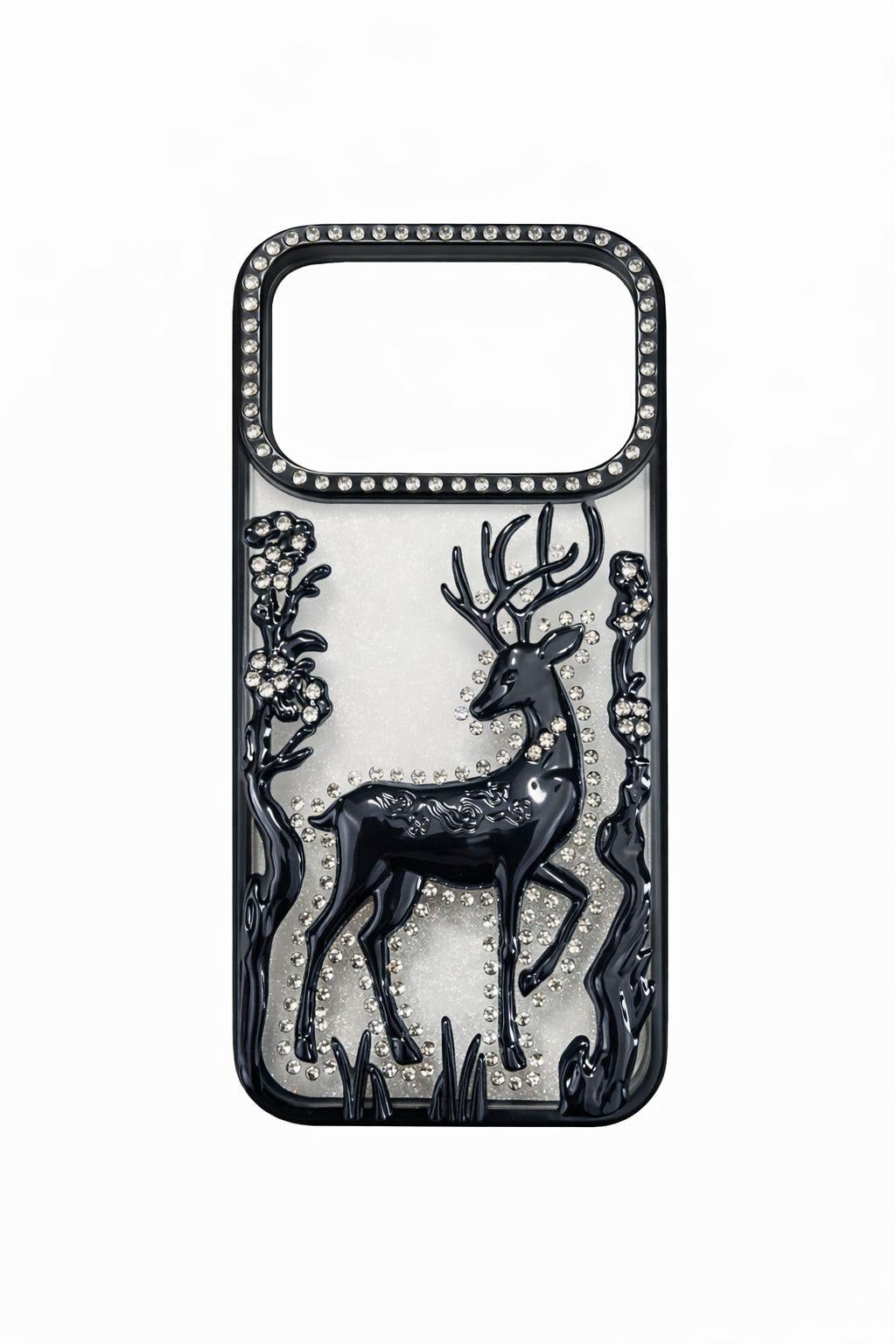 İphone 17 Pro Uyumlu Geyik ve Çiçek Kabartmalı Kılıf Siyah