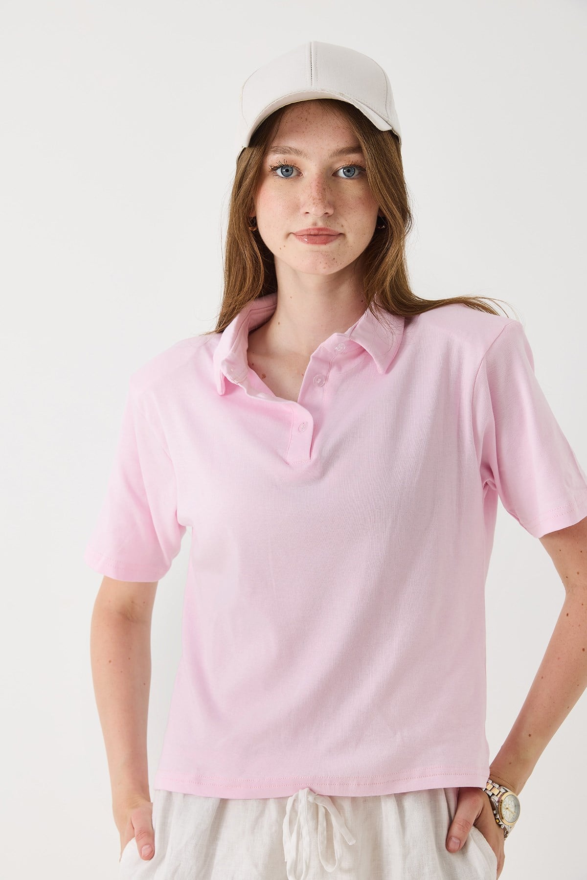 Kadın Vatkalı Polo Yaka Tshirt Pembe 