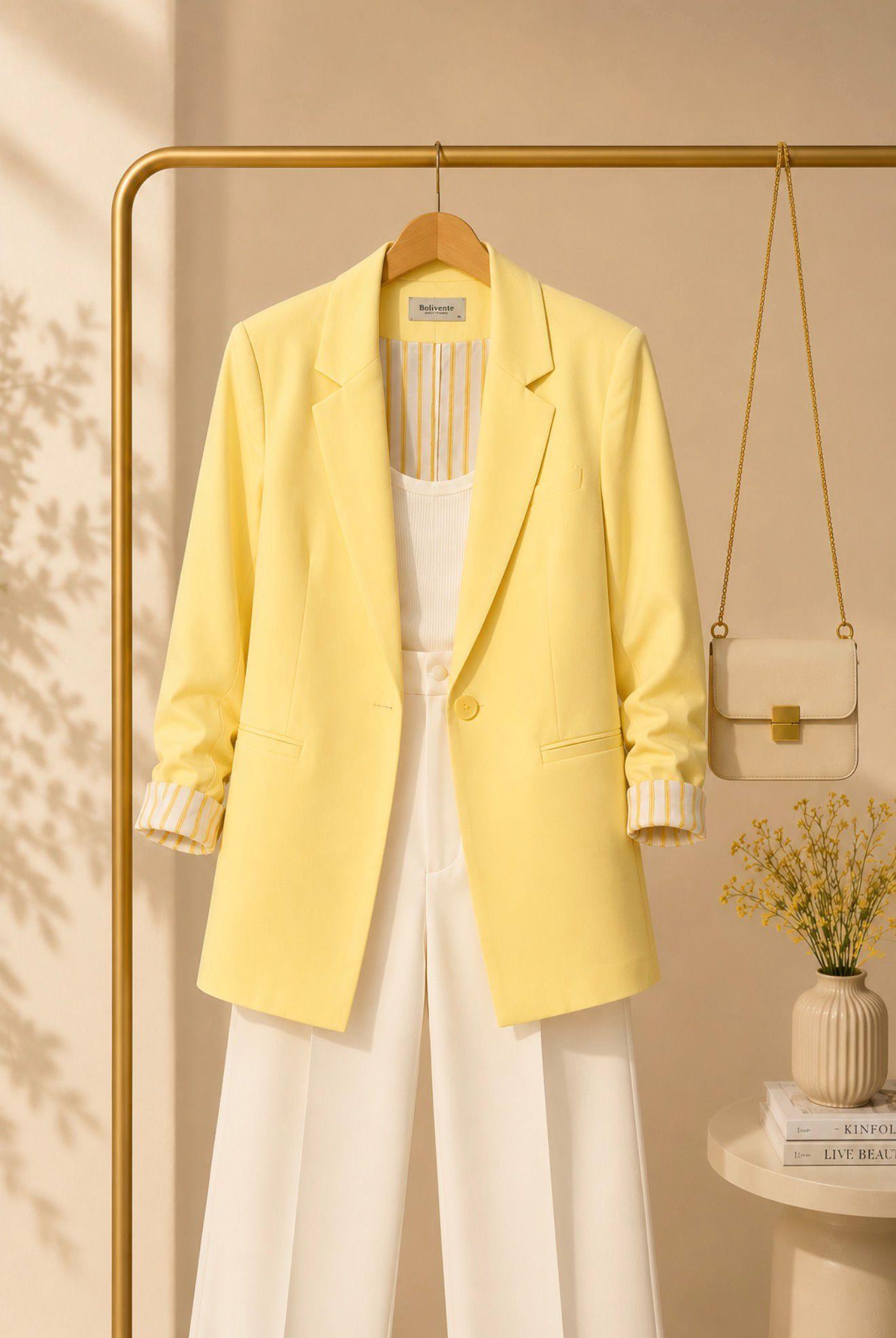 Kadın Oversize Düğmeli Çizgi Desenli Blazer Ceket Sarı