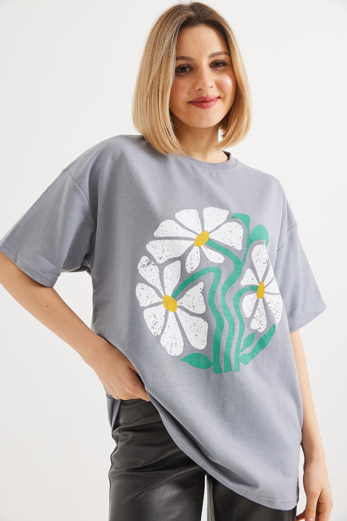 Baskılı Bisiklet Yaka Tshirt Gri