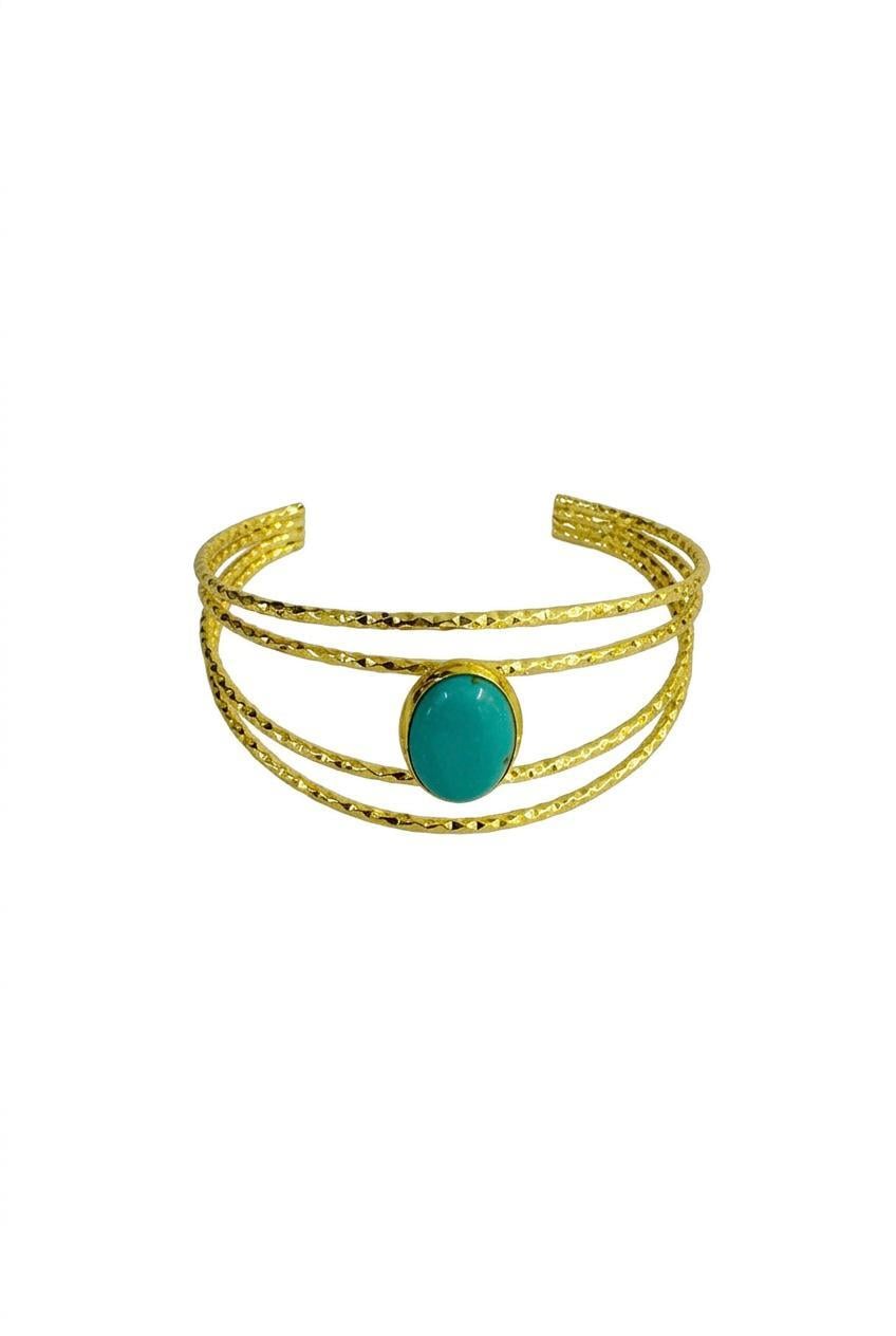 Taşlı Gold Kelepçe Bileklik Turkuaz