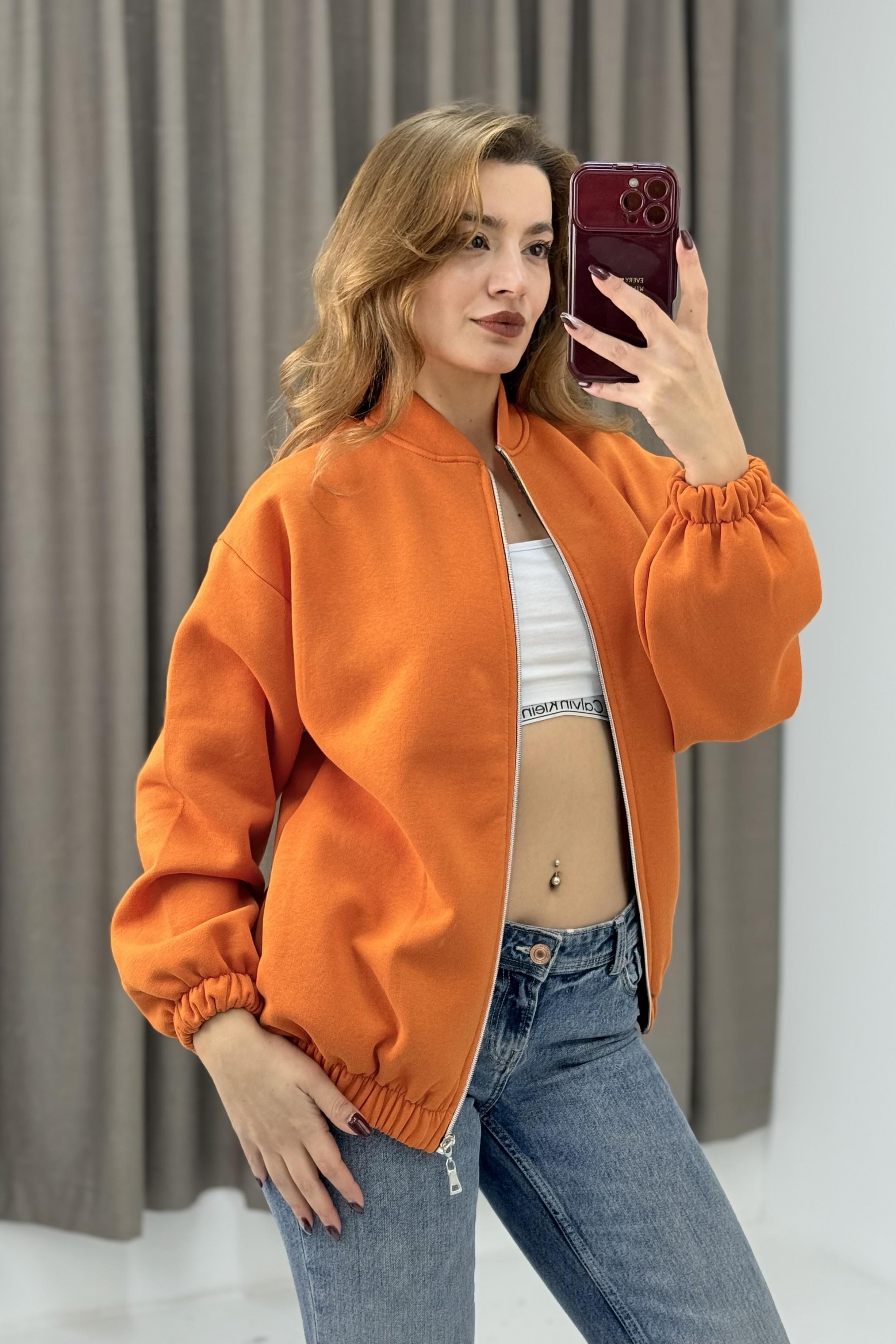 Üç İplik Şardonlu Turuncu Beli Lastikli Fermuarlı Hırka