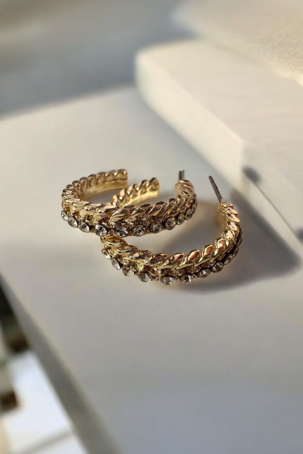Burgulu Taşlı Altın Kaplama Halka Küpe Gold