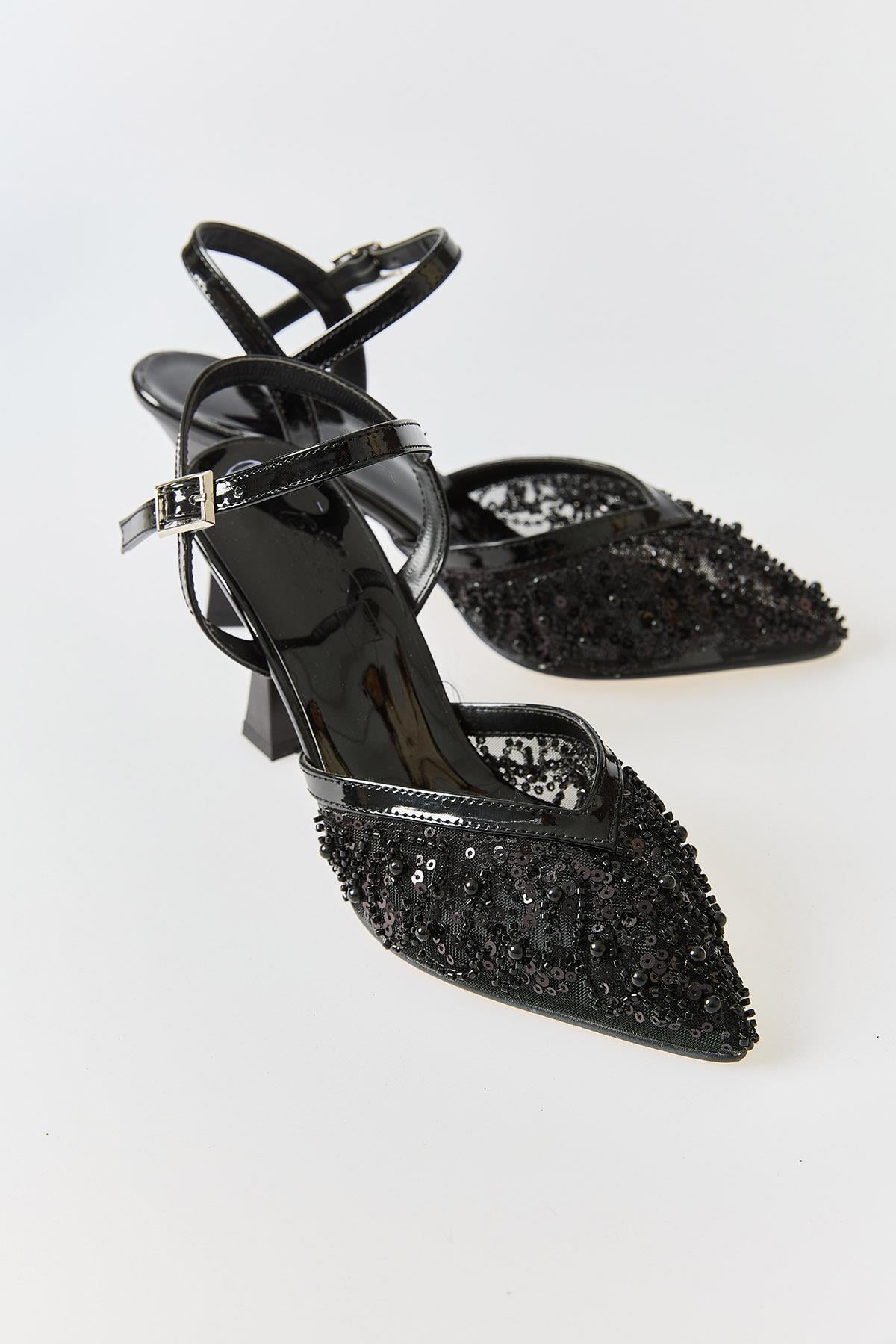 Kadın Tül Pul ve Boncuk İşlemeli Stiletto Siyah