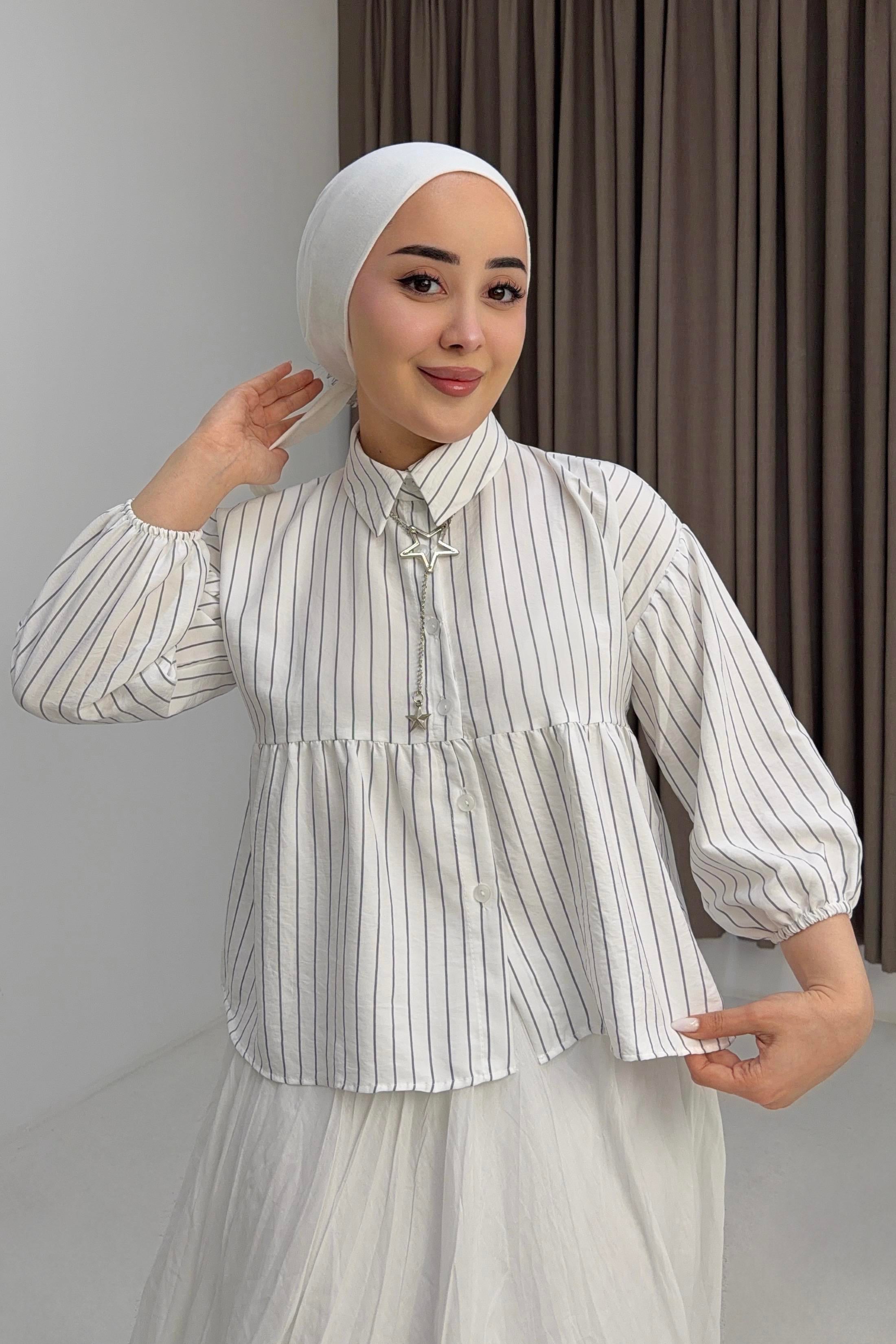 Kadın Çizgili Peplum Kesim Gömlek Bluz Beyaz