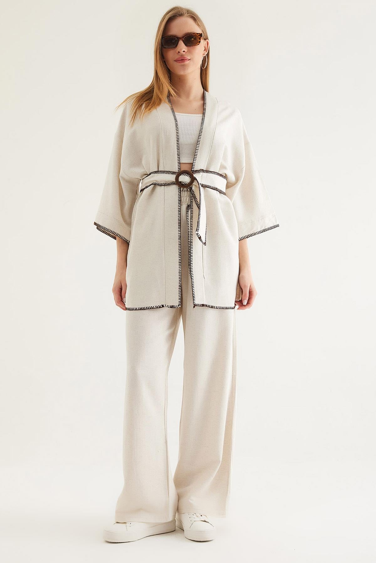 Dikiş Detaylı Kimono Pantolon İkili Takım Krem