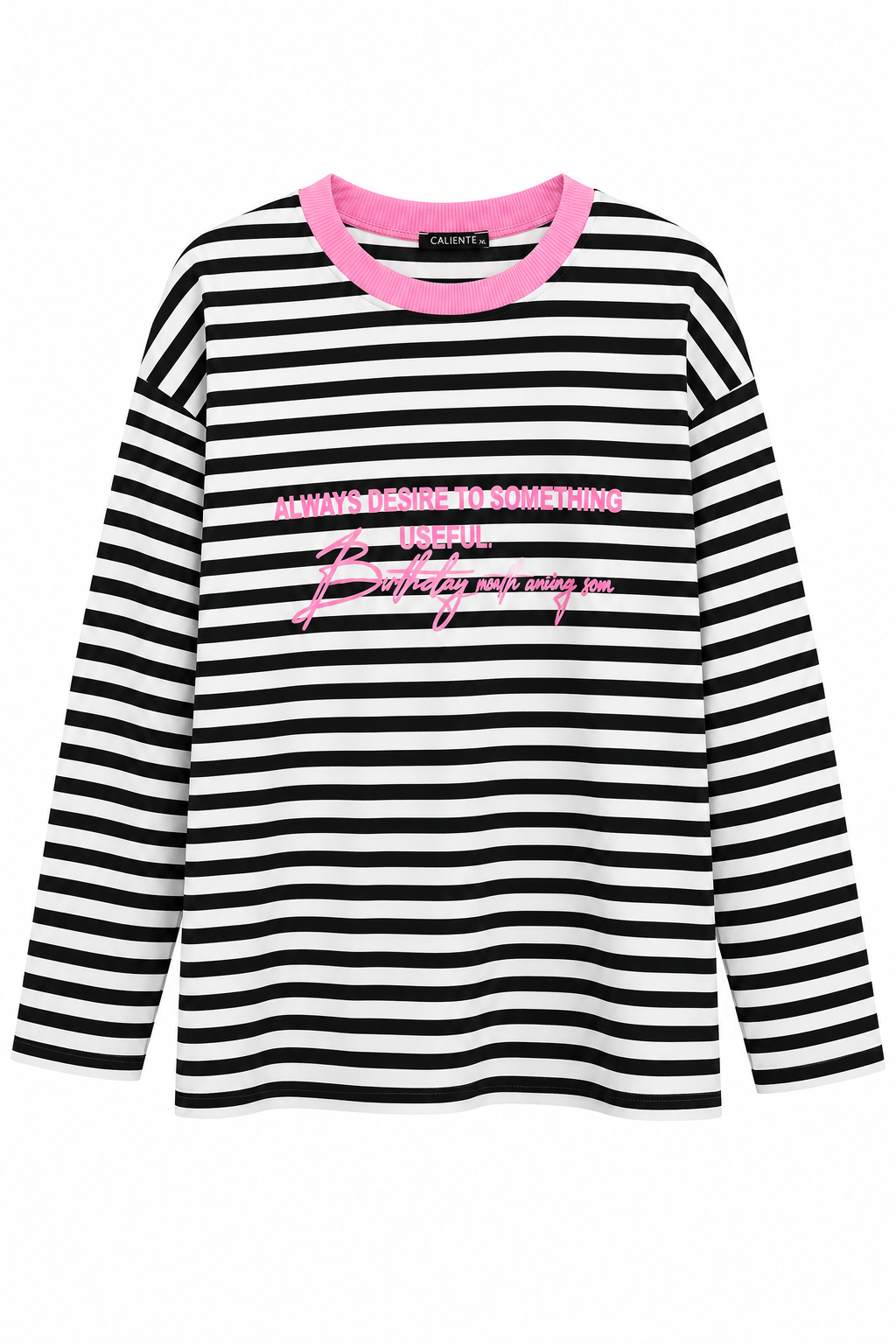 Kadın Bisiklet Yaka Baskılı Çizgili Sweatshirt Pembe