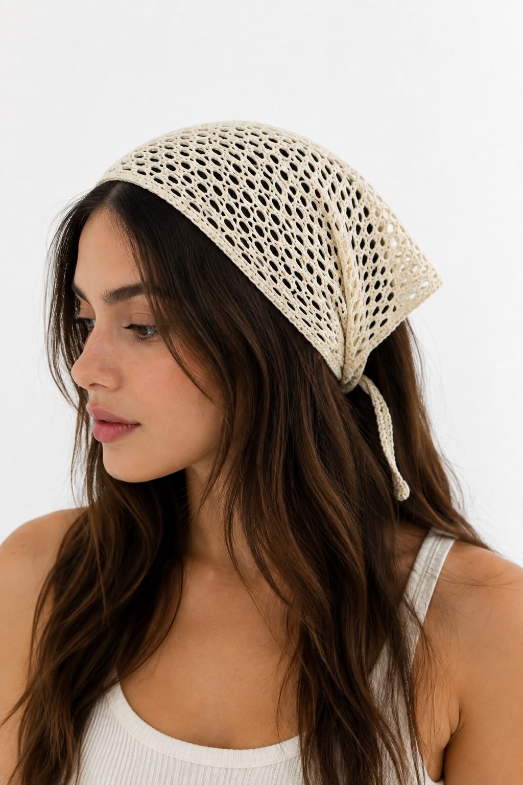 Kadın Örgü Fileli Bandana Ekru