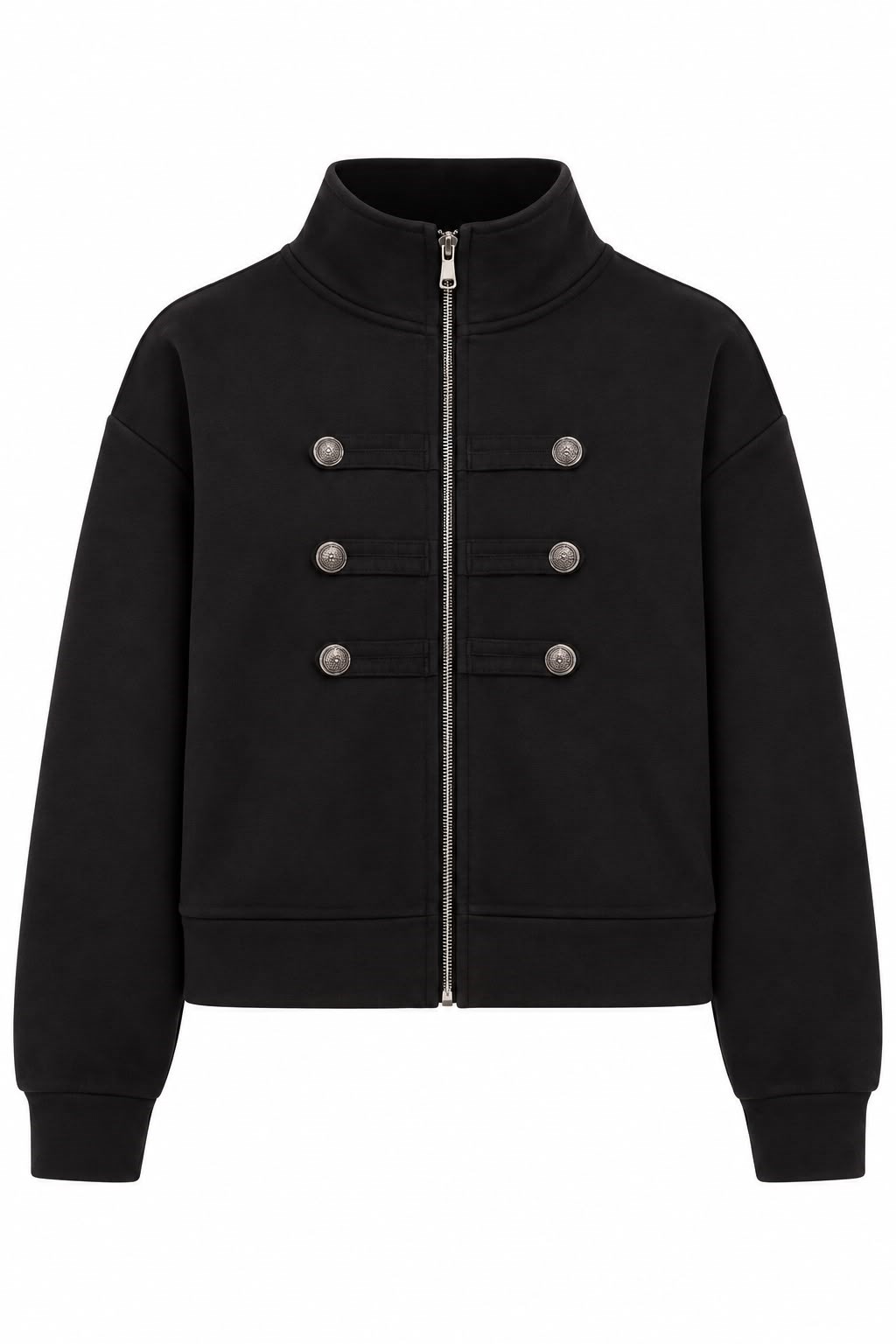 Kadın Düğme Detaylı Fermuarlı Dik Yaka Sweatshirt Siyah