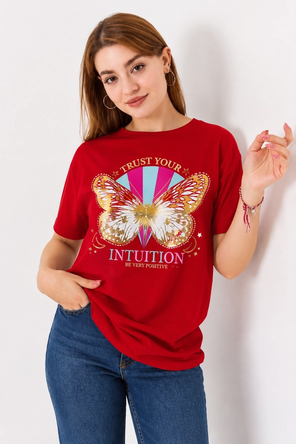 Kadın  Bisiklet Yaka Baskılı Kısa Kol Tshirt Kırmızı