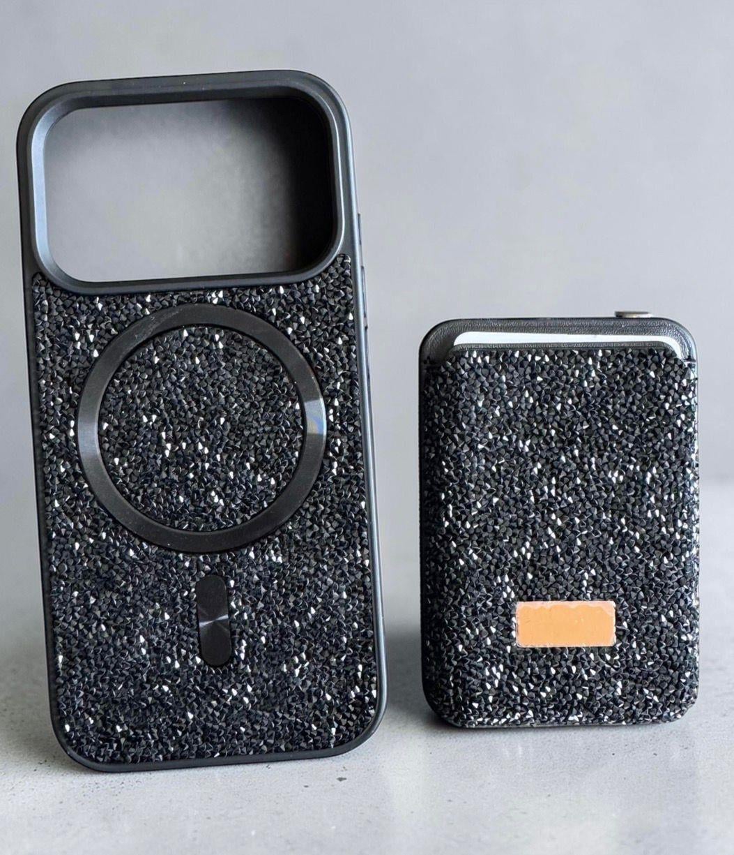 İphone 17 Pro Max Uyumlu Parlak ve Taşlı Kart Bölümlü Kılıf Siyah