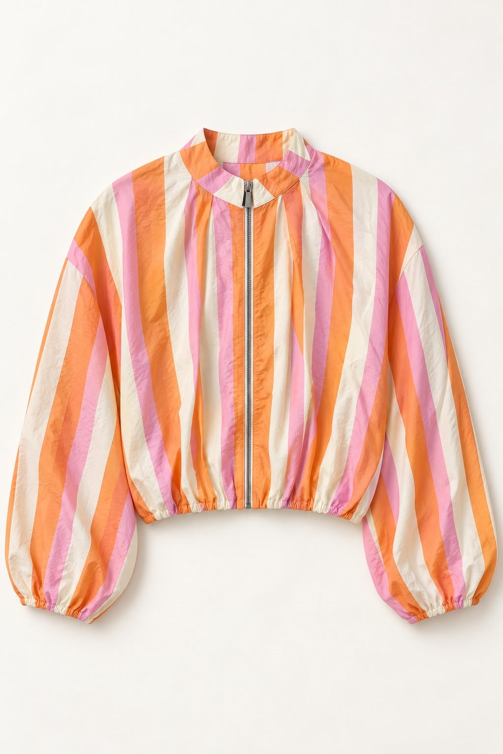 Pembe Turuncu Çizgili Beli Lastikli Fermuarlı Crop Ceket