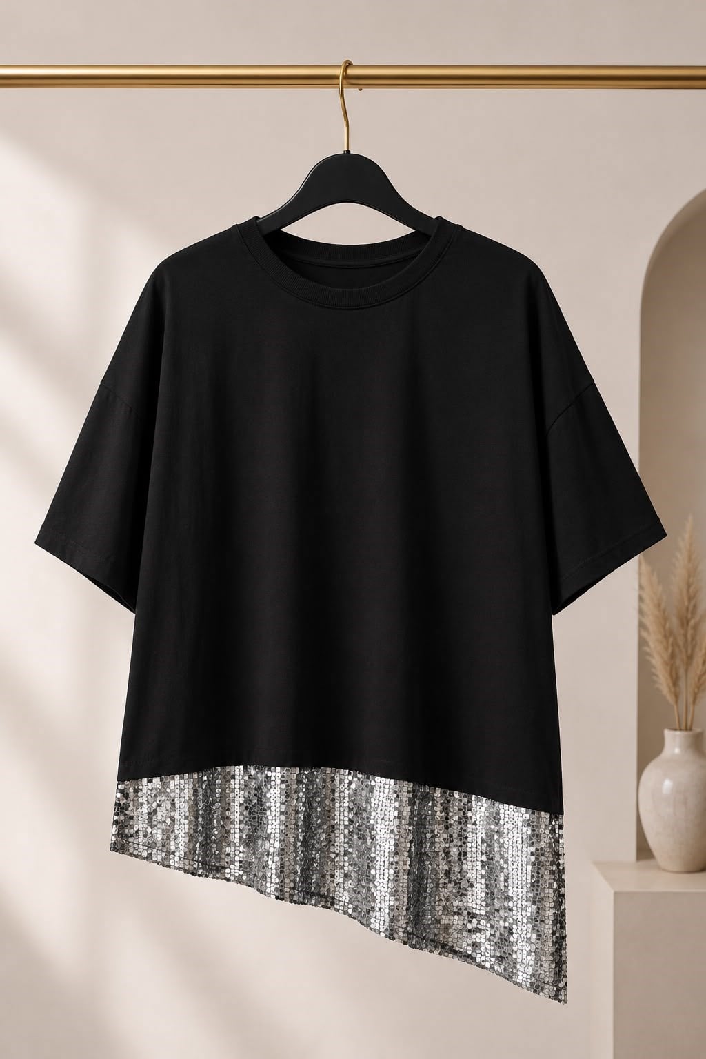 Kadın Eteği Payetli Bisiklet Yaka Oversize Tshirt Siyah