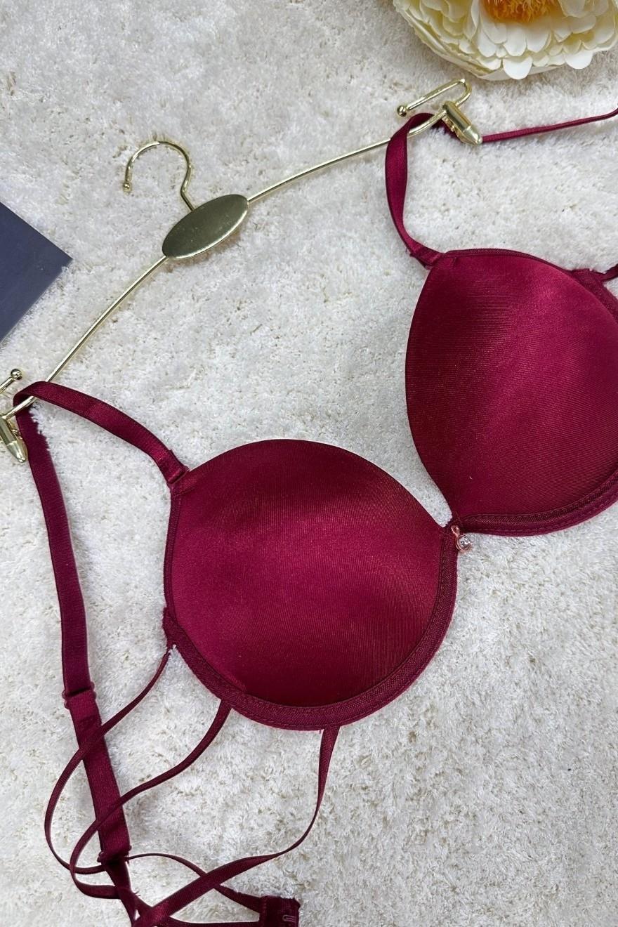 Kadın Desteksiz Push-up Taşlı Biyeli Micro Sütyen Bordo