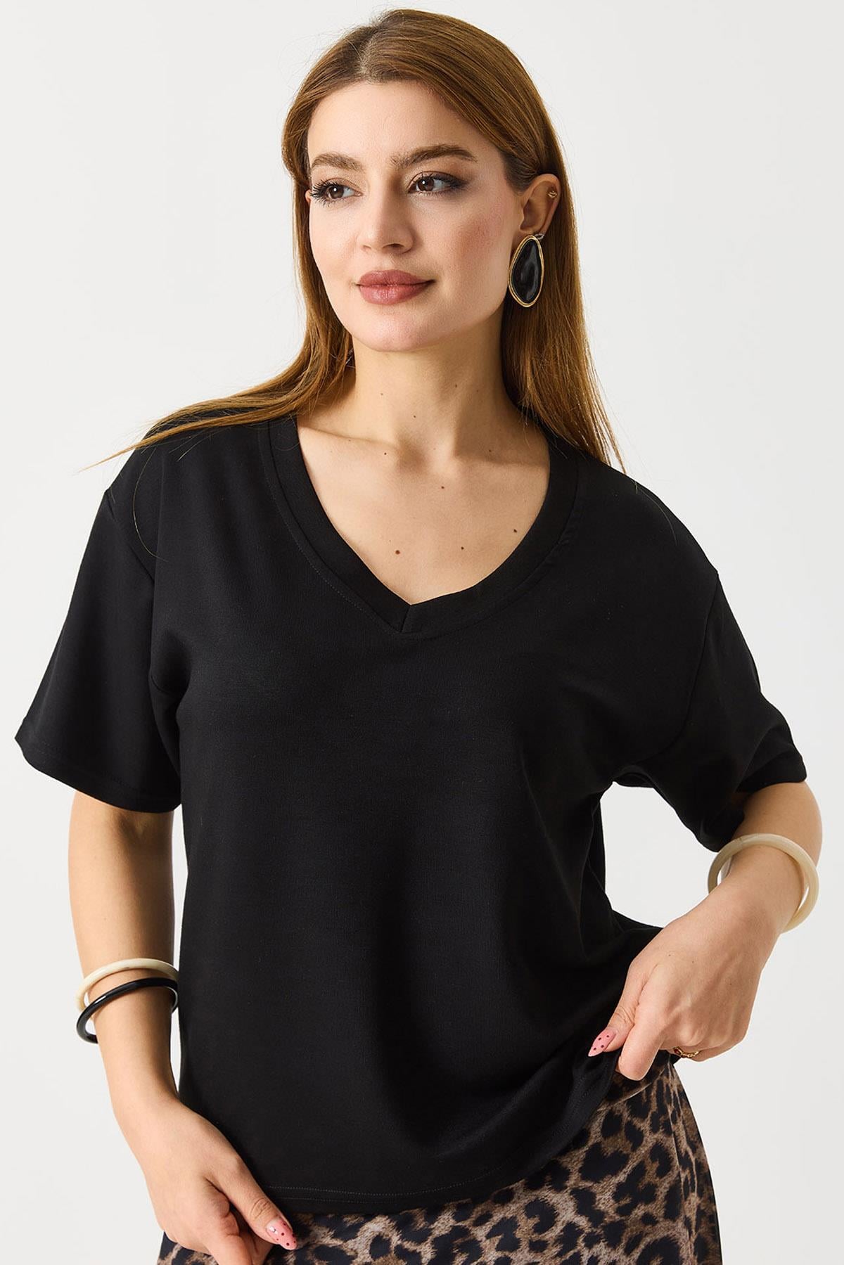 Kadın V Yaka Modal Kısa Kollu Tshirt  Siyah