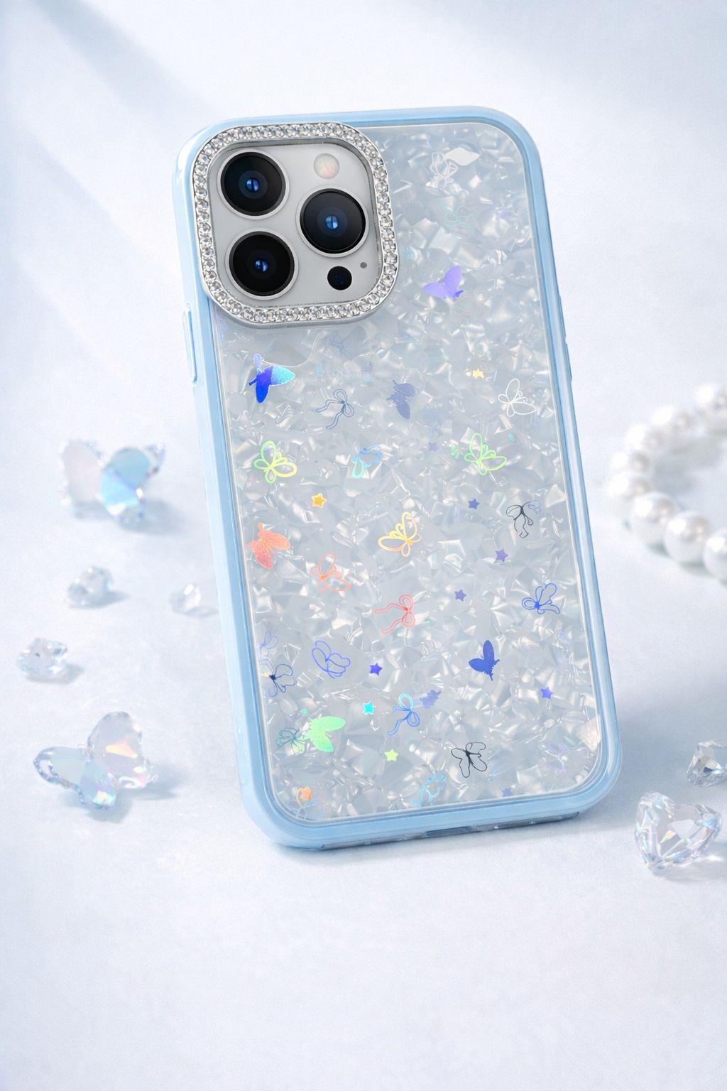 iPhone 16 Pro Max Uyumlu Simli Kelebek ve Fiyonk Figürlü Kılıf Mavi