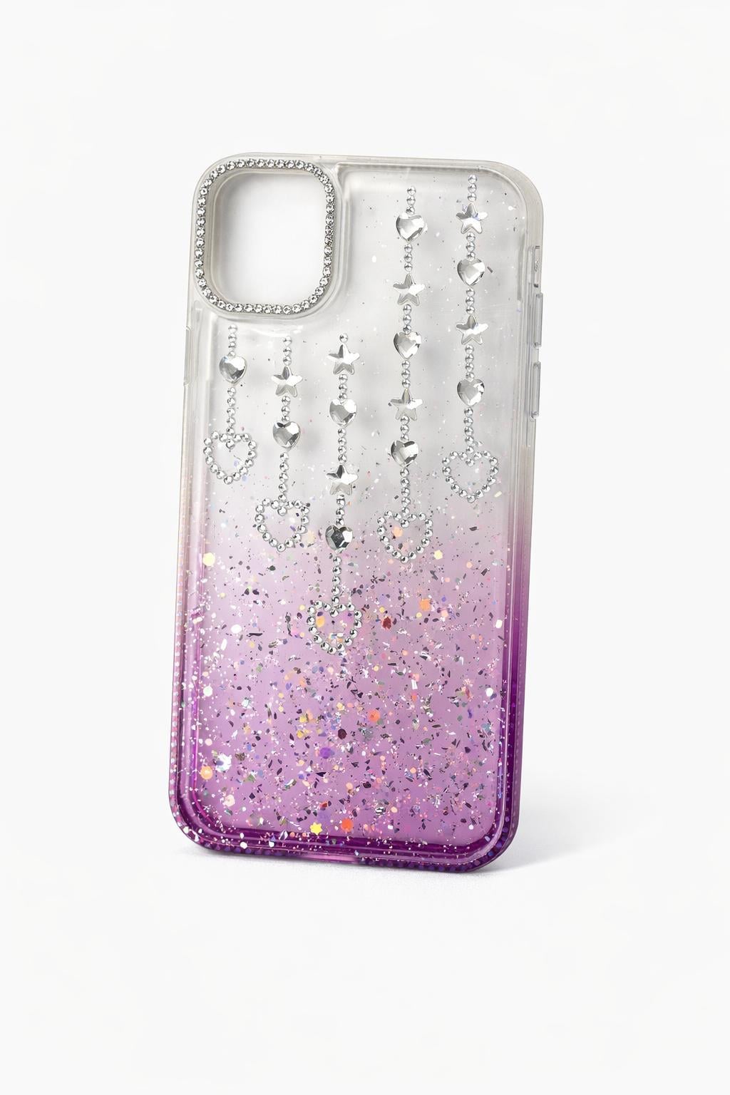 İphone 15 Pro Max Uyumlu Şeffaf ve Mor Geçişli Kalp-Yıldız Taşlı Kılıf Mor