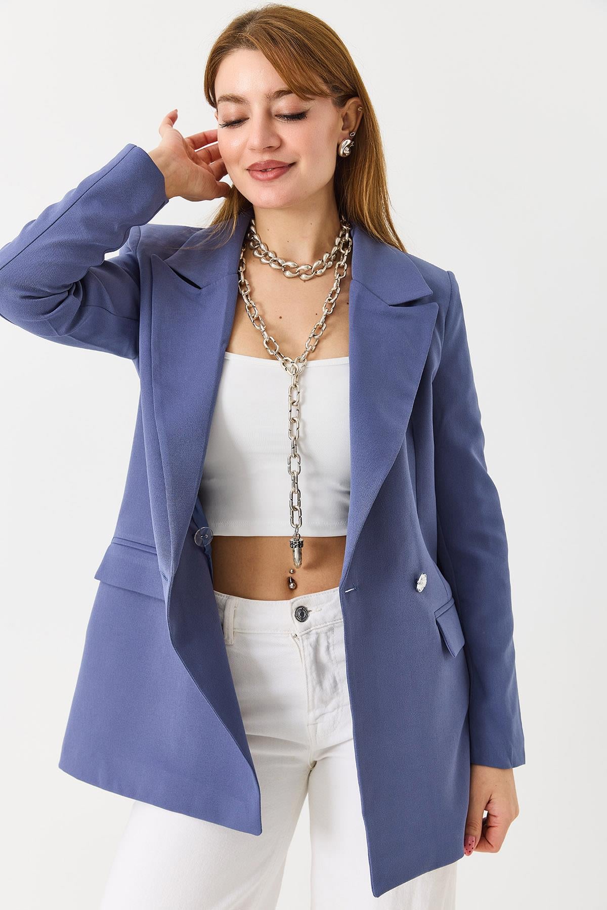 Kadın Kruvaze Yaka Çift Düğmeli Blazer Ceket İndigo