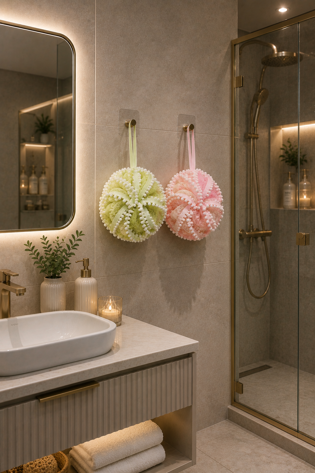 2'li Pofuduk Banyo Lifi & Süngeri Pembe Yeşil