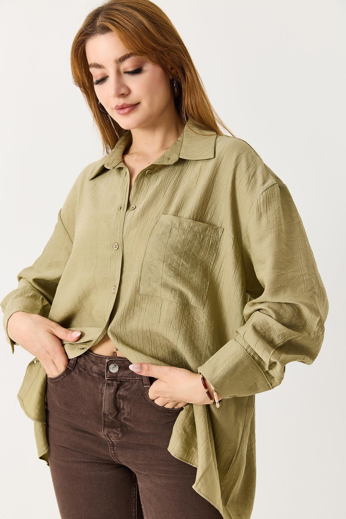 Kadın Oversize Müslin Kumaş Basic Gömlek Açık Haki