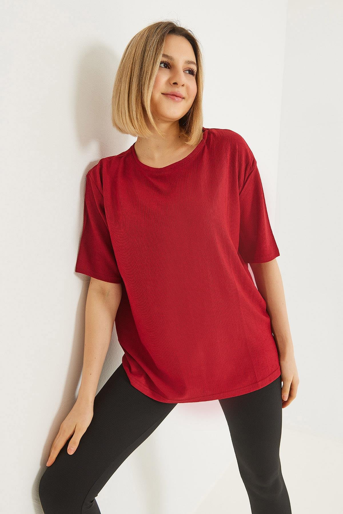 Bisiklet Yaka  Kısa Kol Basic Tshirt Bordo