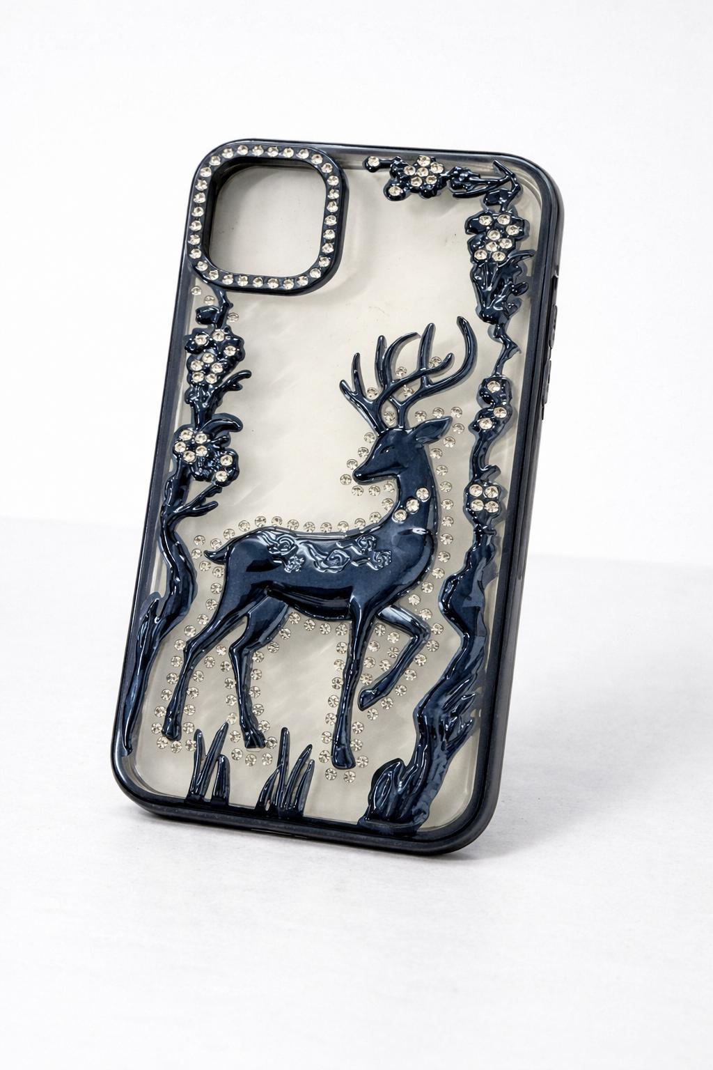 İphone 15 Uyumlu Geyik ve Çiçek Kabartmalı Kılıf Lacivert 