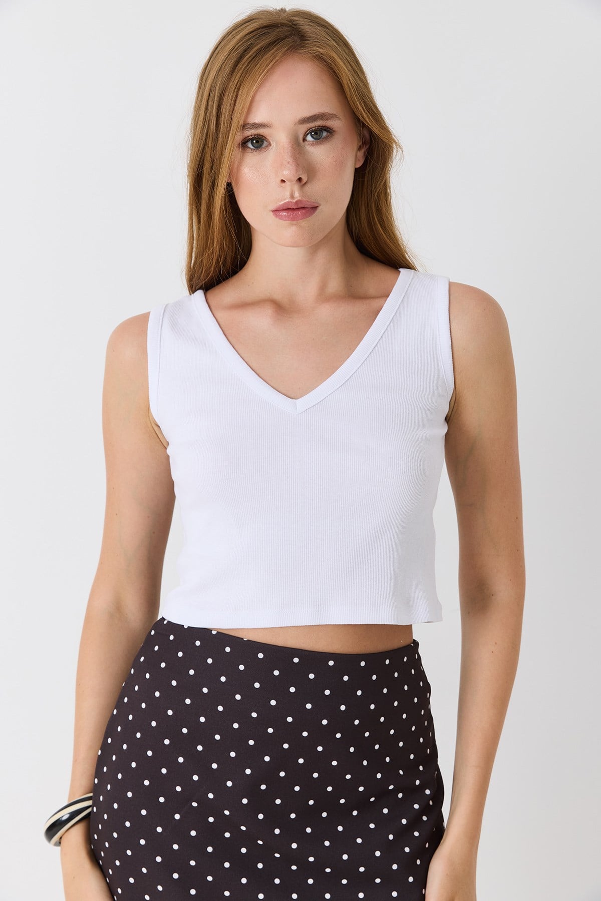 Kadın V Yaka Kaşkorse Crop Bluz Beyaz