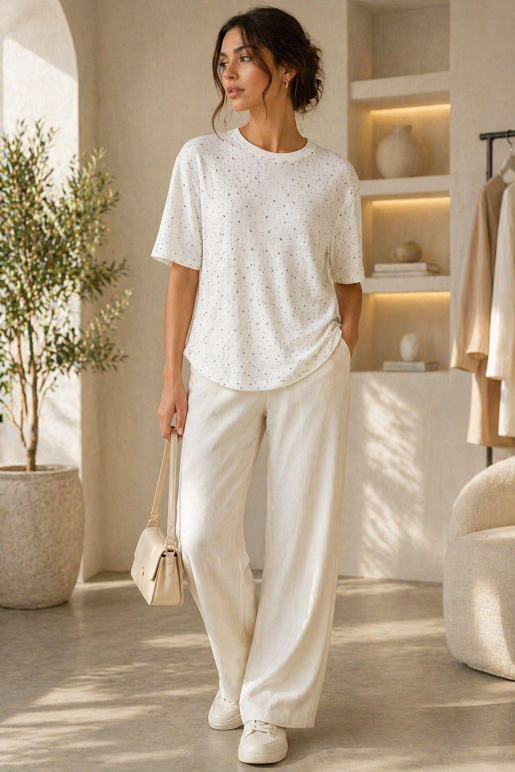 Oval Kesim Taş Baskılı Oversize Tshirt Beyaz