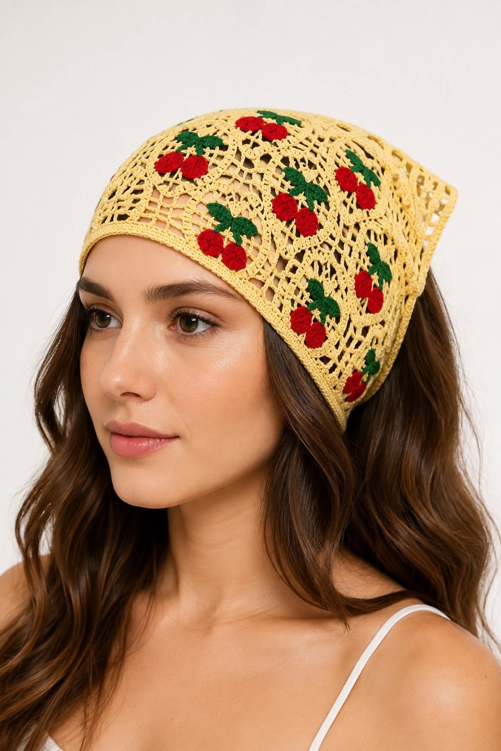 Kadın Kiraz Desenli Örgü Bandana Sarı