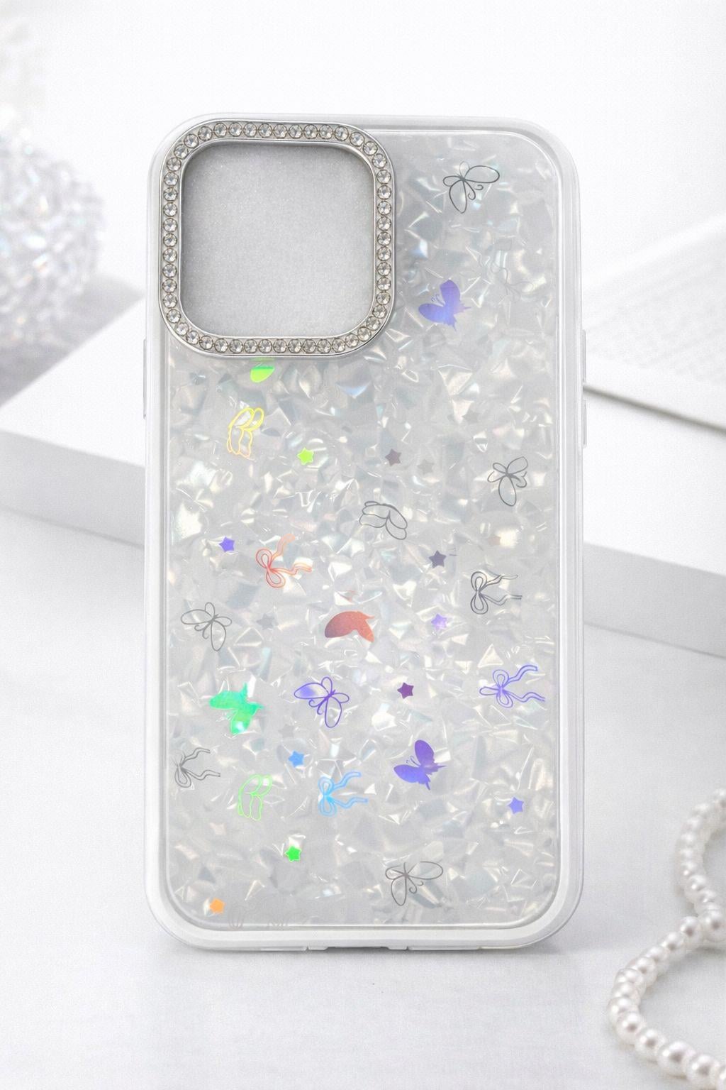 iPhone 14 Uyumlu Simli Kelebek ve Fiyonk Figürlü Kılıf Beyaz