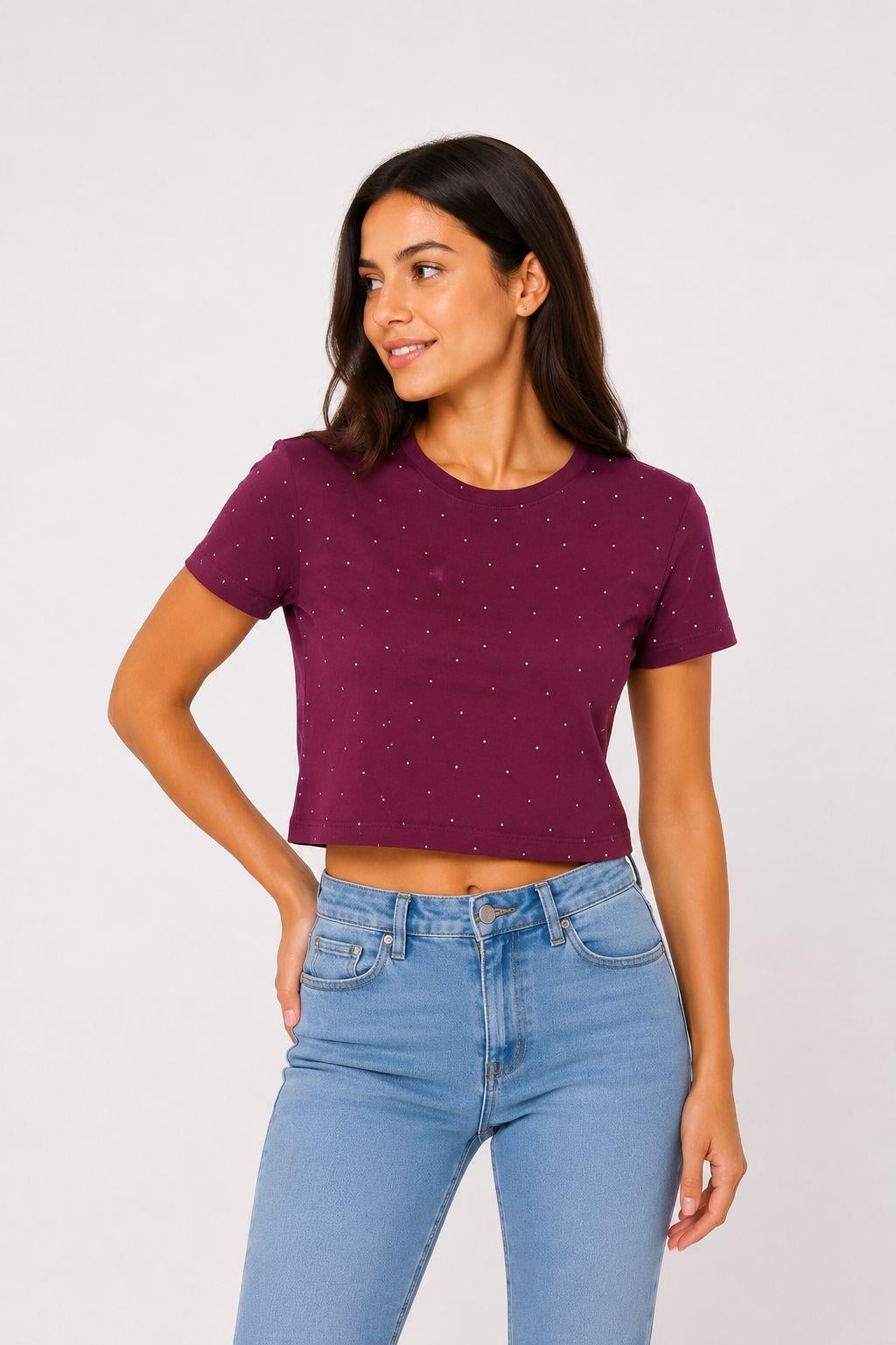 Kadın Bisiklet Yaka Taşlı Crop Bluz Bordo