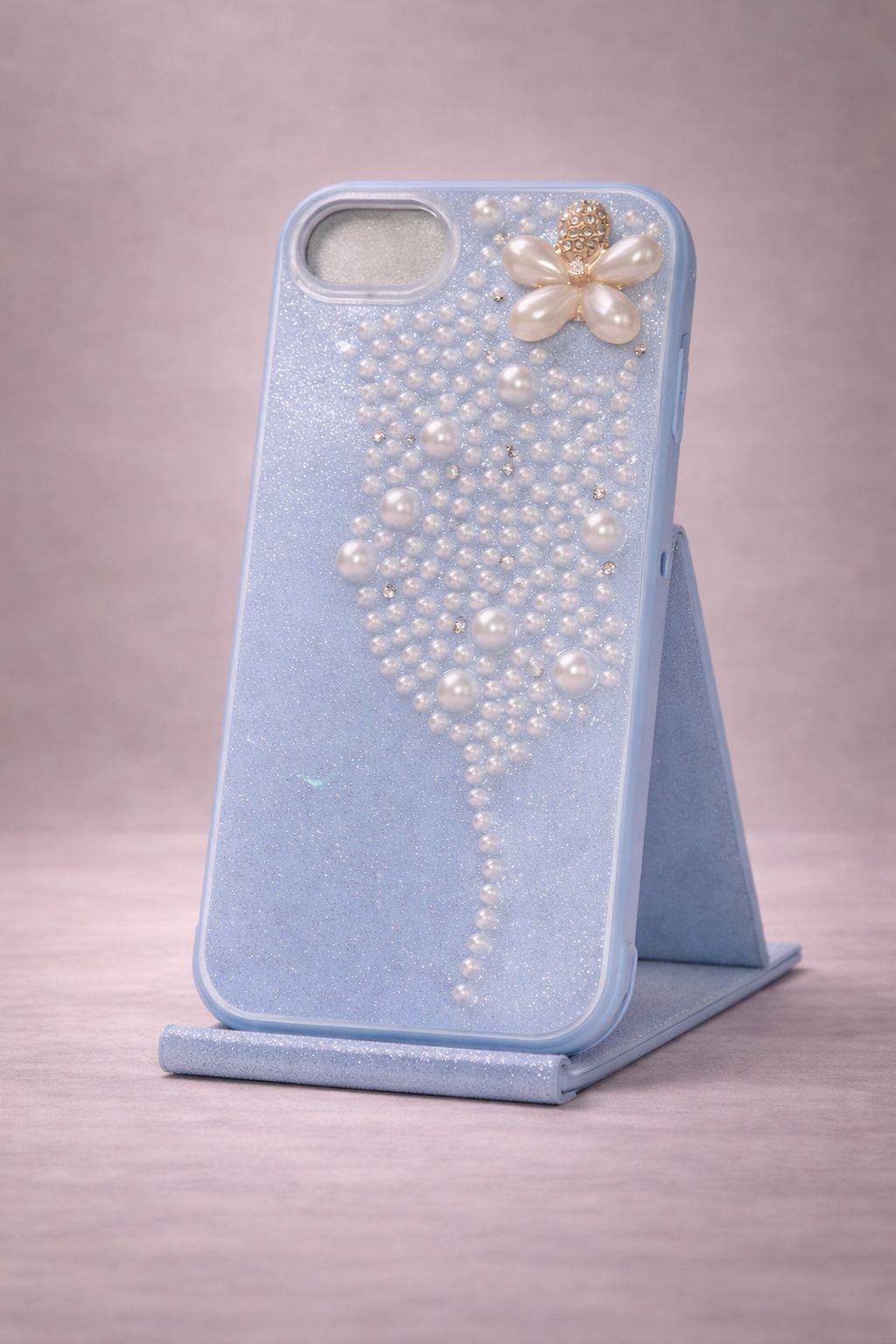 İphone 16 E Uyumlu İnci ve Glitter Detaylı Kılıf Mavi