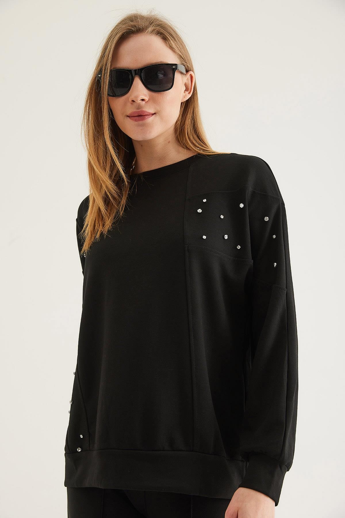 Taş Detaylı Modal Sweatshirt Siyah