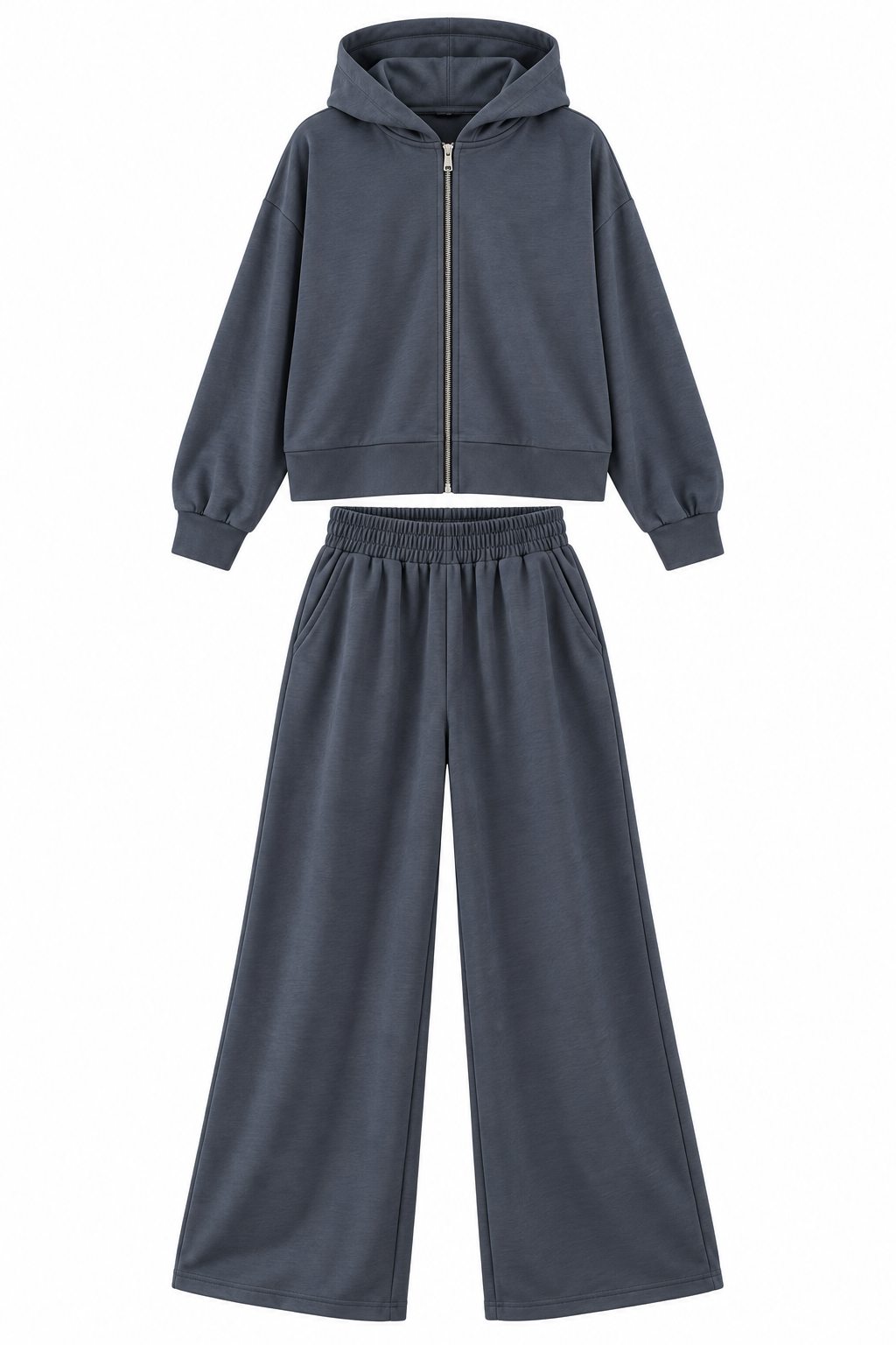 Kadın Oversize Fermuarlı Kapüşonlu Sweatshirt & Bol Paça Eşofman Takımı İndigo