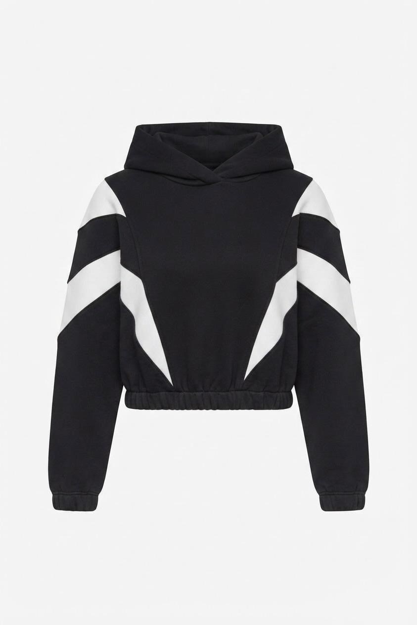 Kadın Beli Lastikli Şerit Detaylı Kapüşonlu Sweat Siyah