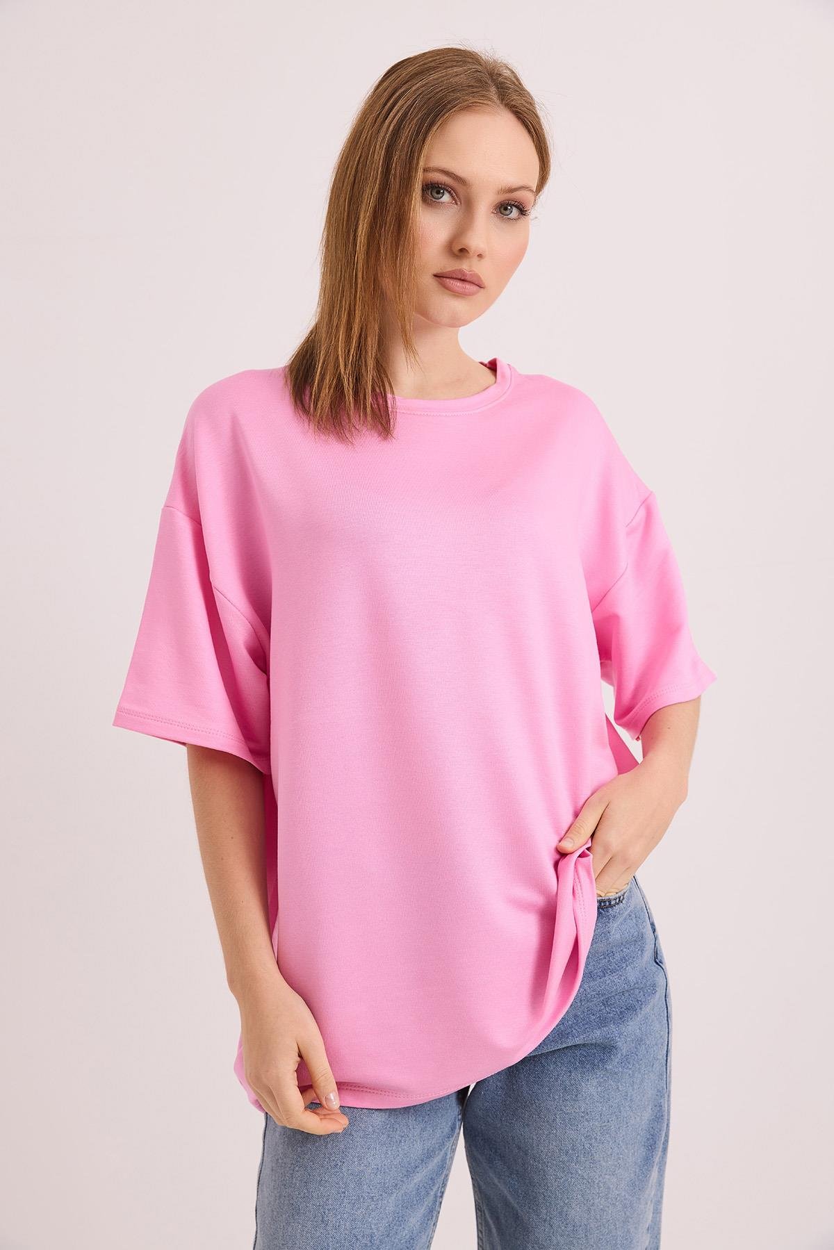 Oversize Yumuşak Dokulu Salaş T-Shirt Pembe