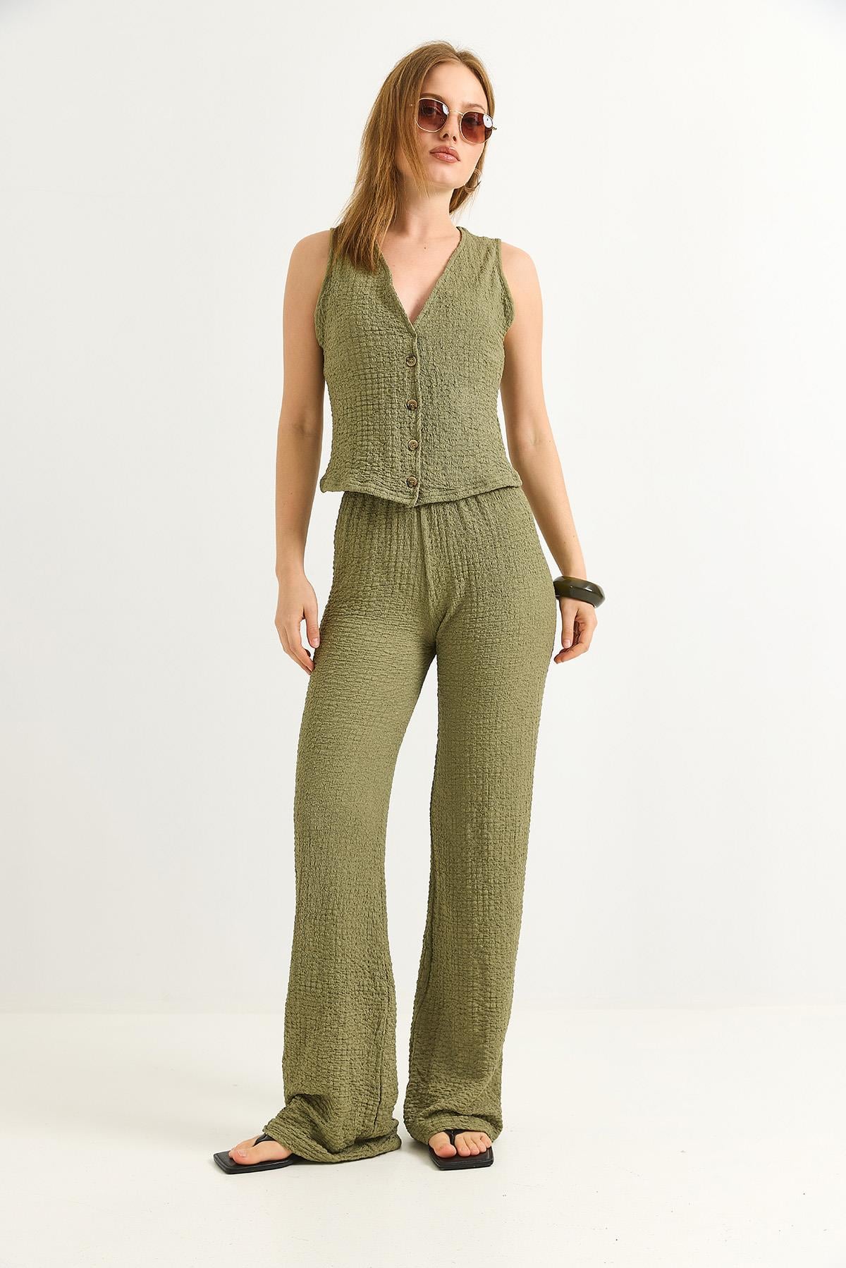 Crop Yelek Pantolon İkili Takım Haki
