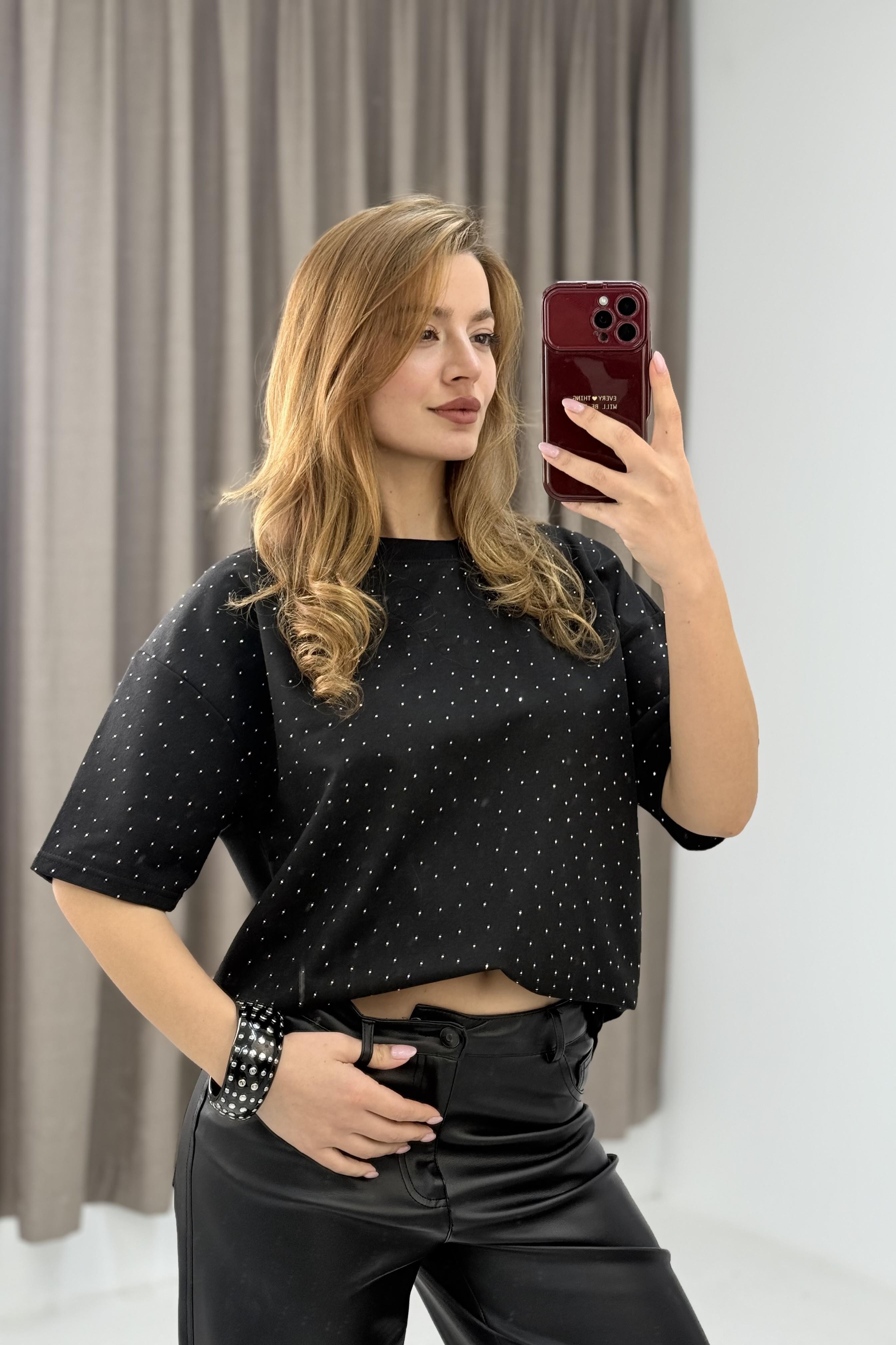 Bisiklet Yaka Taşlı Yarım Kol T-shirt Siyah