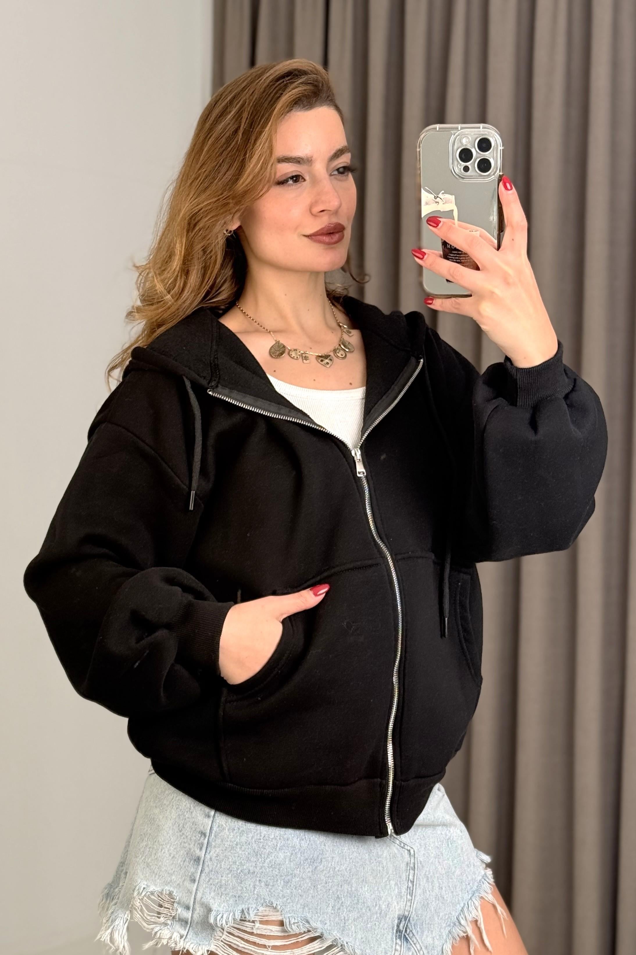 Kadın Oversize Kapüşonlu Cepli Sweatshirt Siyah