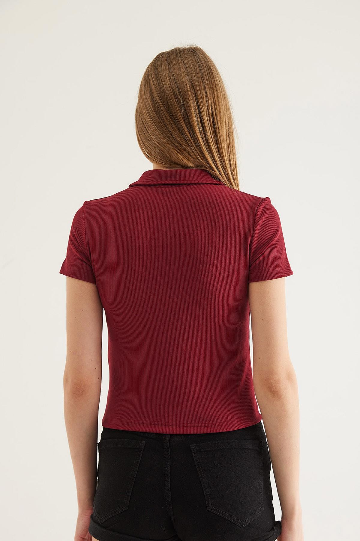 Polo Yaka Fermuarlı  Kaşkorse Bluz Bordo · 2
