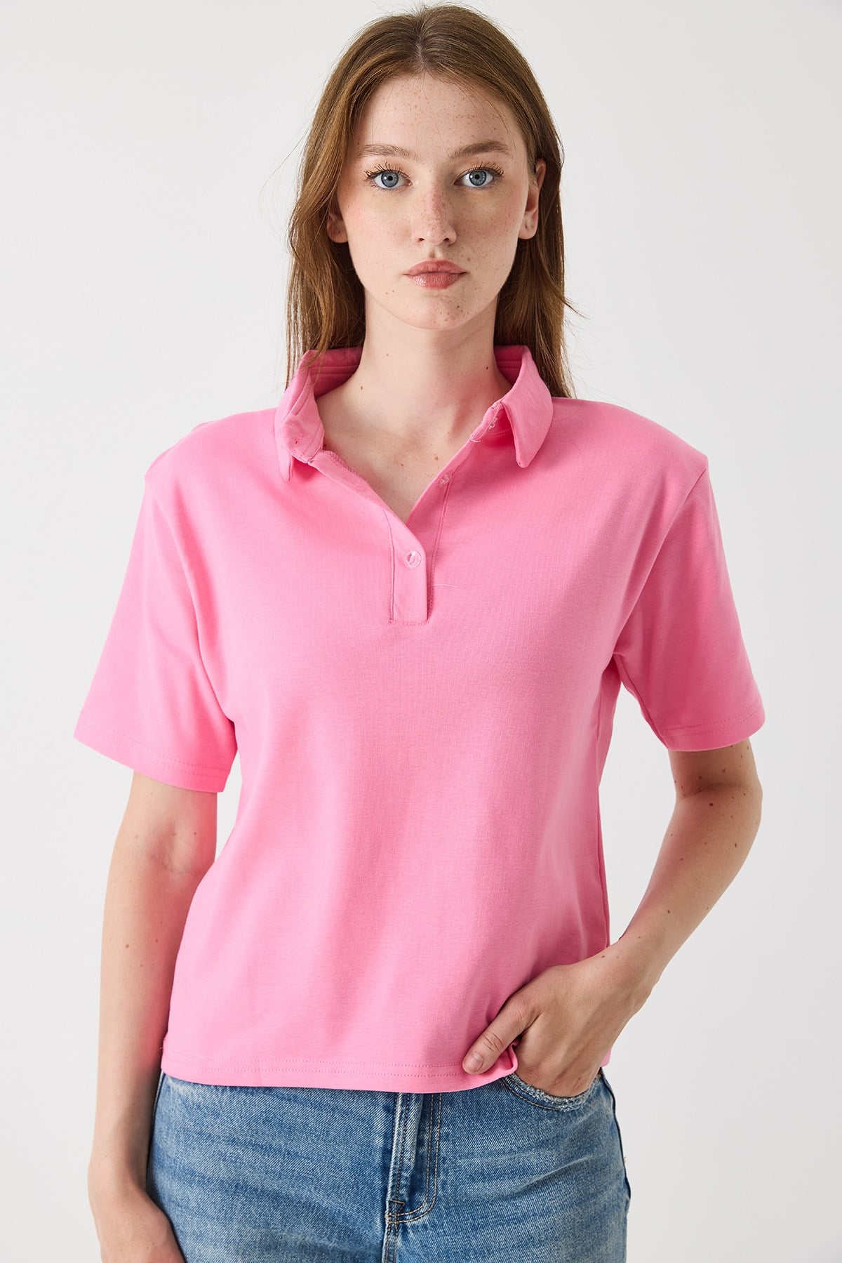 Kadın Vatkalı Polo Yaka Tshirt Koyu Pembe