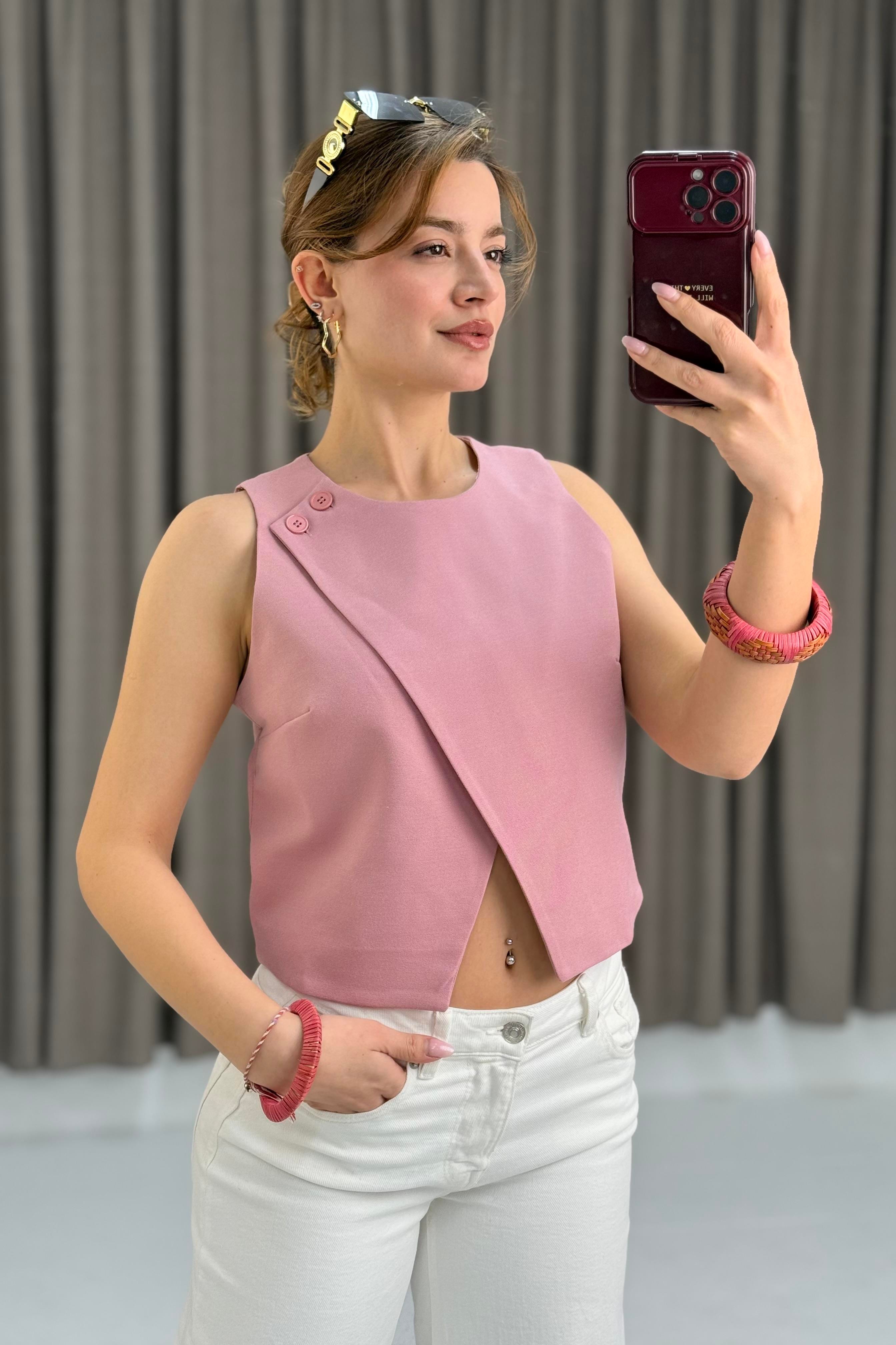 Kadın Kalın Askılı Önden Mini Yırtmaçlı Yelek Pembe
